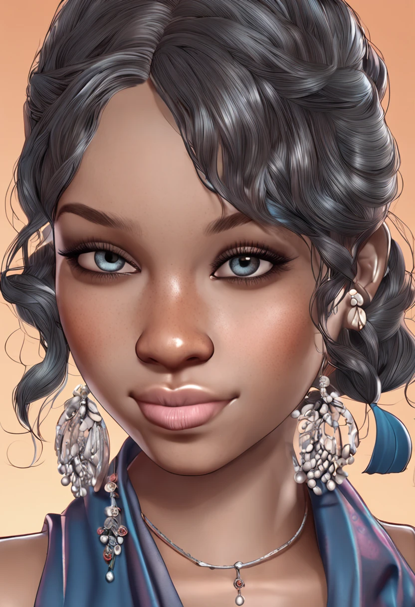 masterpiece, best quality, 1girl, afro hair, dark hair, shiny hair, ((blue eyes)), extremely detailed eyes, shiny eyes, ((dark skin)), shiny skin, skin texture, extremely detailed skin, photo realistic, extremely detailed, high quality , fine detailing on the face and skin, detailed eyes