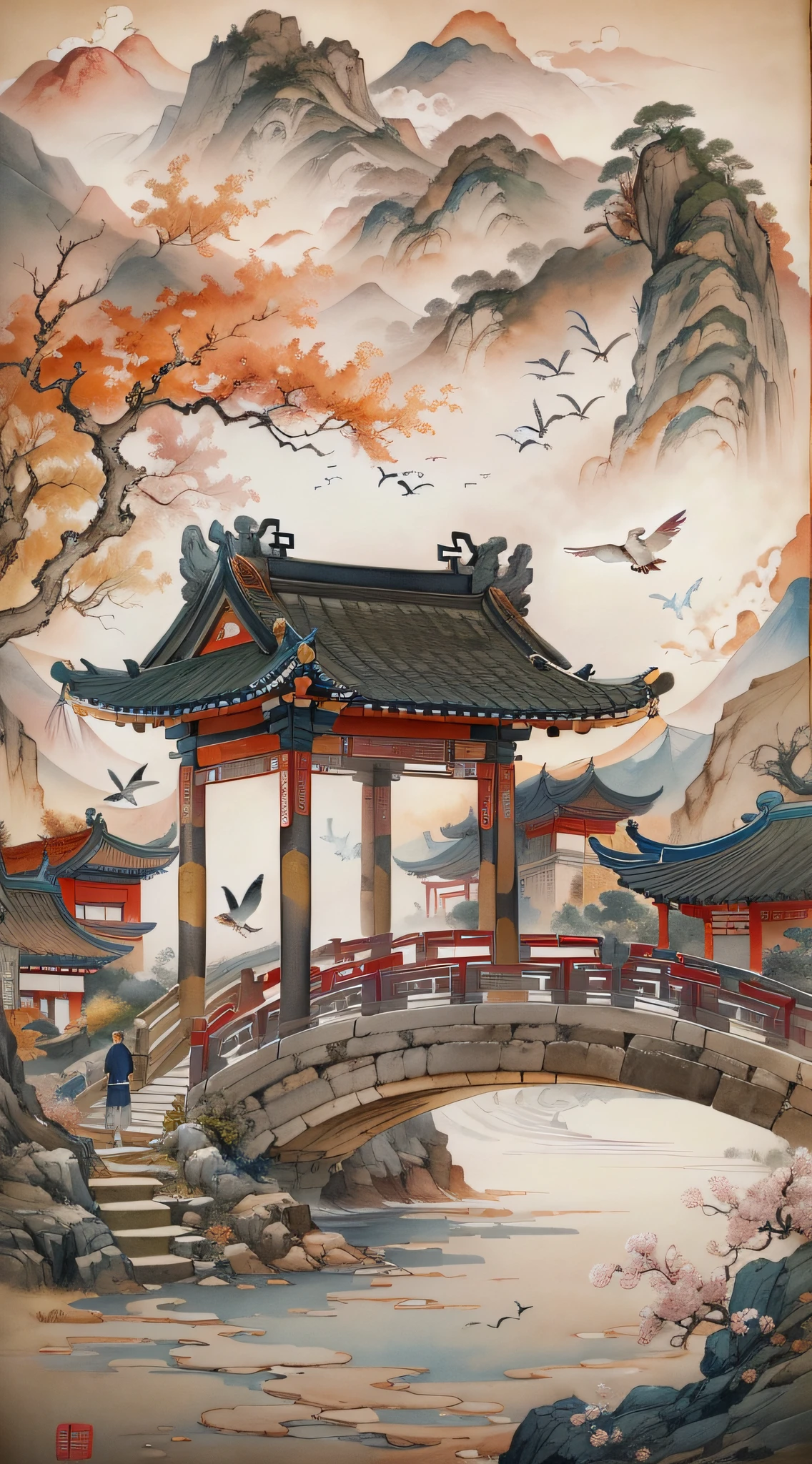 Ancient Chinese landscapes,Ancient buildings,Pavilions,Carved beams and paintings,A wooden bridge hangs high in the air,Under the bridge is auspicious clouds,A couple on the bridge holding hands,There are many birds in the air,Inspired by Jin Yong martial arts,Ink painting style,clean color,Decisive cut,Leave white space,impressionistic,tmasterpiece,ultra-detailliert,Epic composition, high qulity, HighestQuali,pixar-style,Supersaturation,hyper realisitc,Art germ --v 6