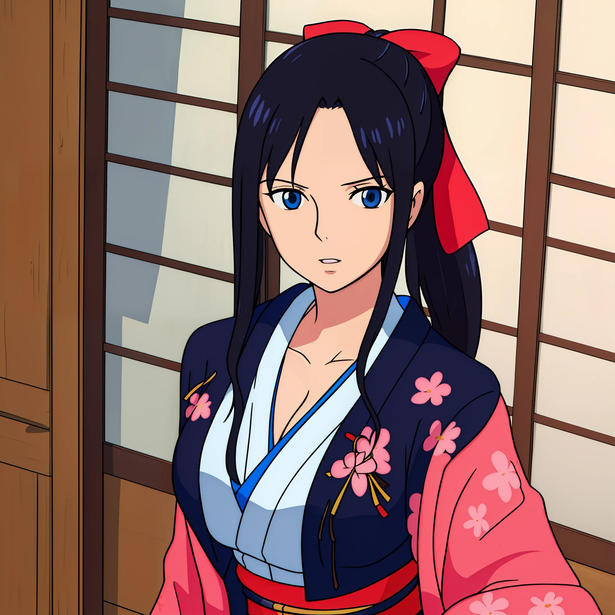 ((best quality)), ((masterpiece)), ((detailed background)), ((high quality illustration)), nico robin, wanostyle, 1girl, black hair, black jacket, blue eyes, breasts, cleavage, collarbone, hair ribbon, (jacket, jacket on shoulders, japanese clothes, kimono), large breasts, long hair, looking at viewer, obi, parted lips, ponytail, (print jacket, print kimono, red ribbon, ribbon, sash), solo, thighs, indoors, white kimono, upper body, close up, miyazaki hayao