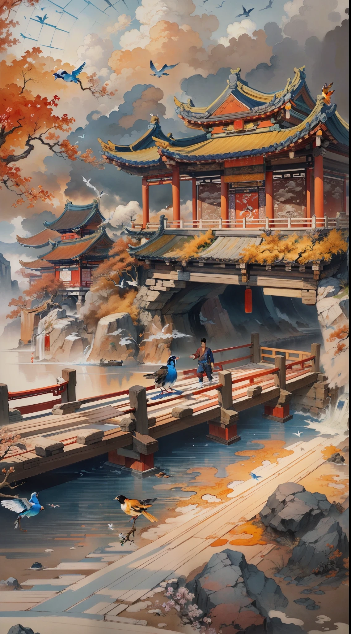 Ancient Chinese landscapes,Ancient buildings,Pavilions,Carved beams and paintings,A wooden bridge hangs high in the air,Under the bridge is auspicious clouds,A couple on the bridge holding hands,There are many birds in the air,Inspired by Jin Yong martial arts,Ink painting style,clean color,Decisive cut,Leave white space,impressionistic,tmasterpiece,ultra-detailliert,Epic composition, high qulity, HighestQuali,pixar-style,Supersaturation,hyper realisitc,Art germ --v 6
