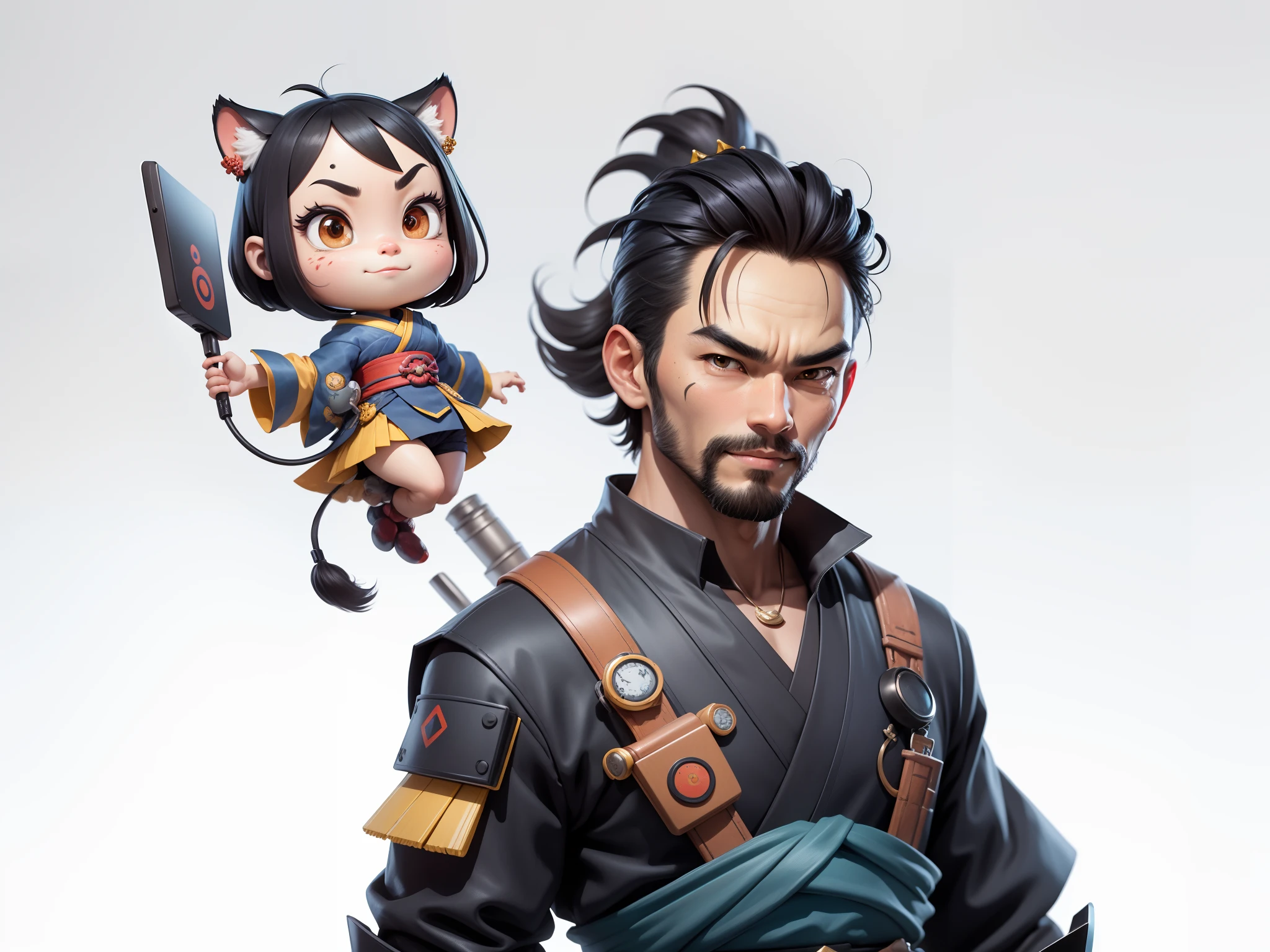 (Daisaku),(Need),(Super meticulous),(full bodyesbian:1.2),Super young man with Japanese geisha,Beautiful,orient,one tiger,Aeolian Thor,Raised sexy,爆乳,Oriental face,TV Anchor,Bust portrait illustration,In black suit,a blue tie,The face is slightly chubby,The face was clean,without a beard,Black super short hair,Black eyes,Smile confidently,3C computer sub-products,iPad, iphone,Digital painting,3D character design by Mark Clairen and Pixar and Hayao Miyazaki and Akira Toriyama,The illustration is a high-definition illustration in 4K resolution,With very detailed facial features and cartoon-style visuals。