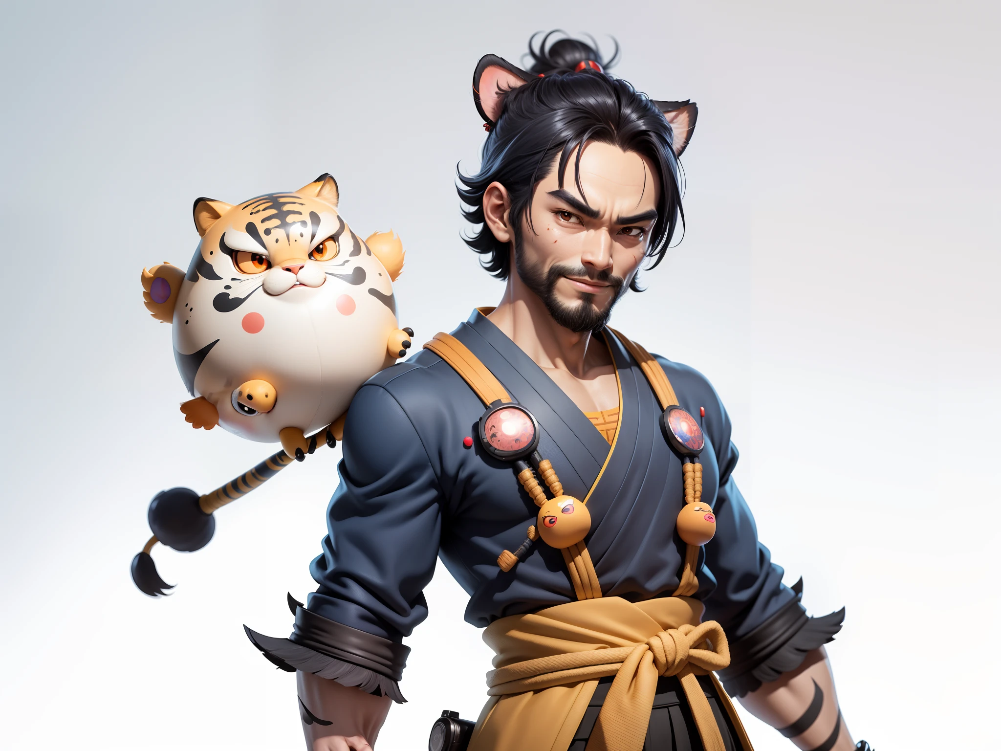 (Daisaku),(Need),(Super meticulous),(full bodyesbian:1.2),Super young man with Japanese geisha,Beautiful,orient,one tiger,Aeolian Thor,Raised sexy,爆乳,Oriental face,TV Anchor,Bust portrait illustration,In black suit,a blue tie,The face is slightly chubby,The face was clean,without a beard,Black super short hair,Black eyes,Smile confidently,3C computer sub-products,iPad, iphone,Digital painting,3D character design by Mark Clairen and Pixar and Hayao Miyazaki and Akira Toriyama,The illustration is a high-definition illustration in 4K resolution,With very detailed facial features and cartoon-style visuals。