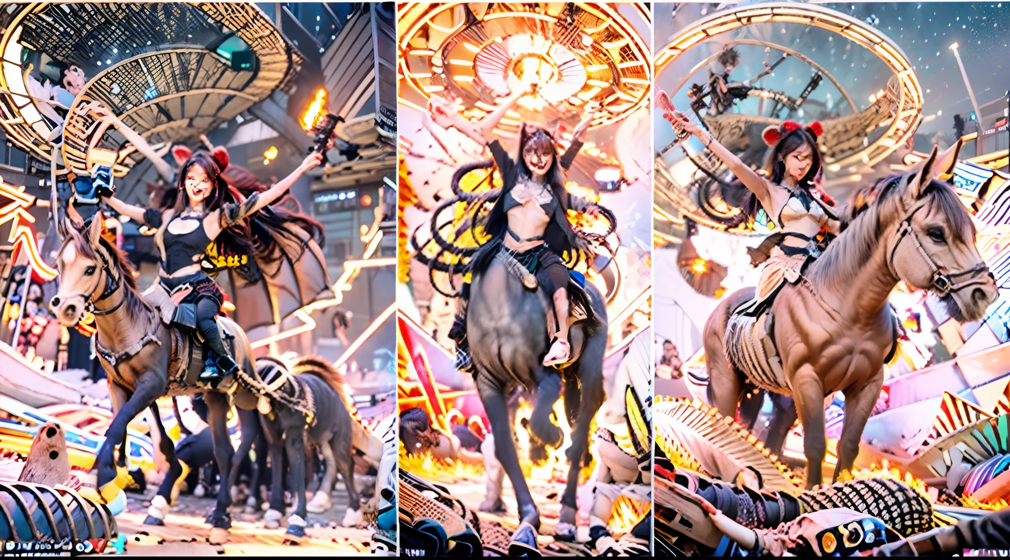 In this beautiful illustration,Eight unique female centaur characters are shown,They all have their own characteristics,Vivid and interesting。Radiant angelic centaurs from the heavenly realm,To the hellish centaurs surrounded by nightmarish flames,And then to the Wind Immortal Centaur dancing in the air,Unicorn centaur surrounded by lightning,Mechanical centaur in mechanical style,Dragon centaurs,Elf centaurs,Tiflin centaurs,Each character has their own unique charms and abilities。The illustration uses advanced artistic techniques and tools,Divide the scene into sections by geometric arrangement,Each section corresponds to a centaur character,This makes more efficient use of space。Through Midjourney's advanced brush tools、Color palette、Material packs and model packs,Exquisite costumes and equipment are designed for each centaur,Enhances the character's personality and visual appeal。The scenery in the illustrations is stunning,There are changing skies、rainbowing、extreme light、Stars and Moon。Incorporating iconic landmarks such as Mount Everest,and fireworks、tranquil lake、Natural and urban elements of waves and neon lights,Creates a magical atmosphere。The centaurs showed off their skills and equipment in a variety of environments,This is true even in extreme alien landscapes。Midjourney's tools make depicting details vivid and realistic,From intricate hairstyles and clothing to authentic textures,Enhances the realism of the characters and surroundings。The fusion of multiple art styles adds movement to the centaur's movement at all angles,The overall visual experience is further enriched。The final illustration was described as a "masterpiece",It has the characteristics of "best quality" and "realistic",The details put into the creative process are shown、Level of creativity and craftsmanship。Ultra-grand scenes,super wide shot, hdr,(真实感,Masterpiece quality,best qualtiy),