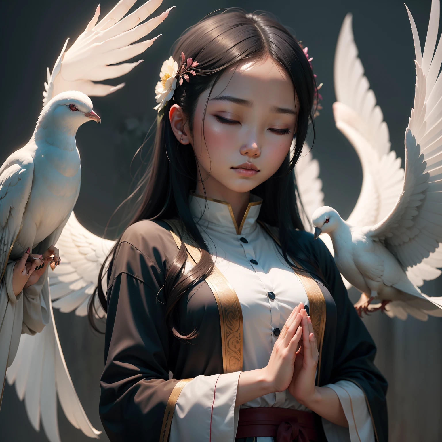 A beautiful Asian girl, holding her palms in a prayer position, with her eyes closed, waiting for a Muse to come upon her like a dove descending from the sky.