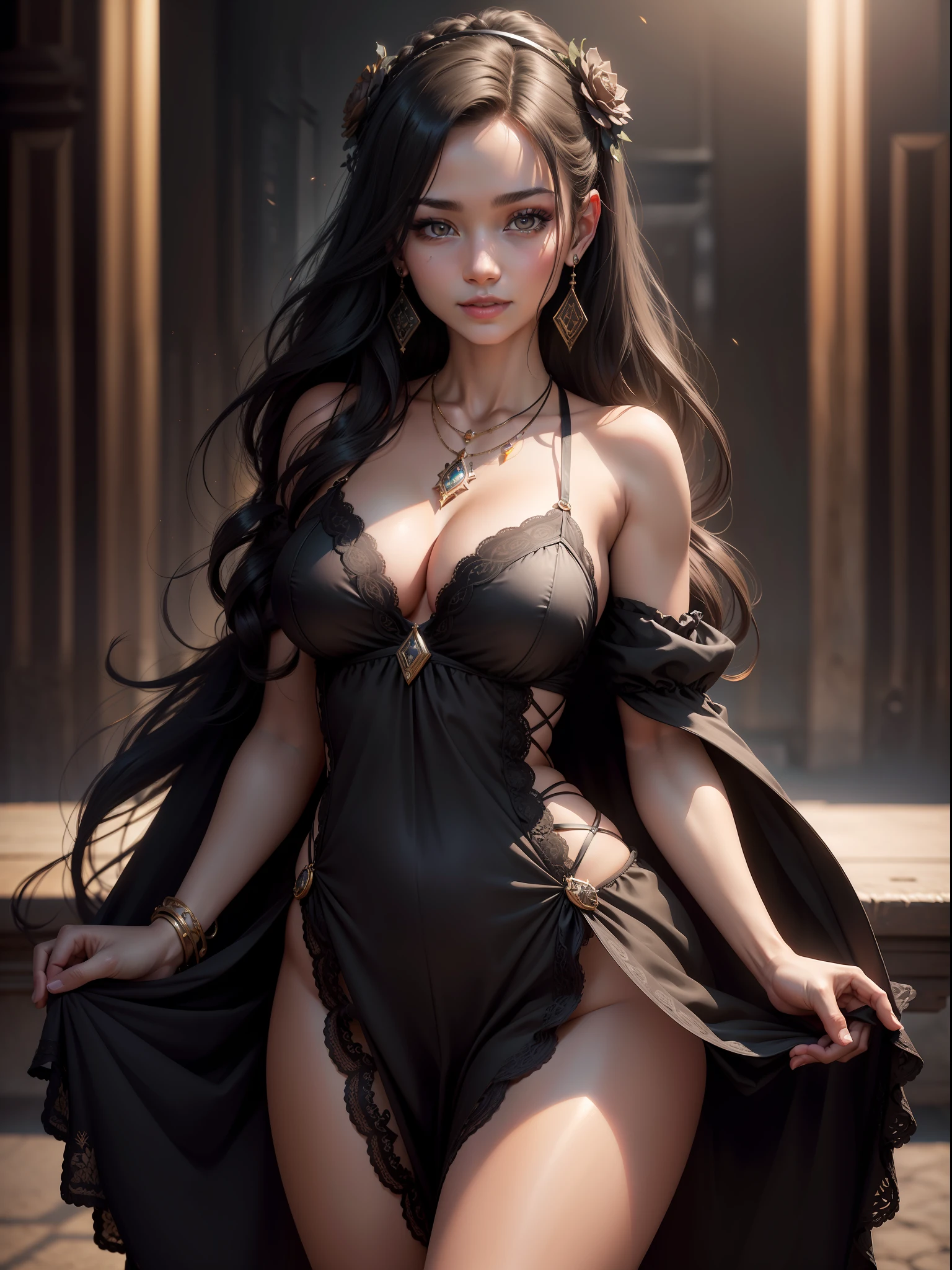 best quality, masterpiece, highres, 1girl, Black lingerie, beautiful face, hair ornament, looking at viewer, smile, closed mouth,lips, dress,hair ornament, necklace, jewelry, long hair, earrings, Beautiful face,upon_body, tyndall effect,photorealistic, dark studio, rim lighting, two tone lighting,(high detailed skin:1.2), 8k uhd, dslr, soft lighting, high quality, volumetric lighting, candid, Photograph, high resolution, 4k, 8k, Bokeh medias negras, cuerpo completo, piernas largas, vista desde abajo, vista a la camara