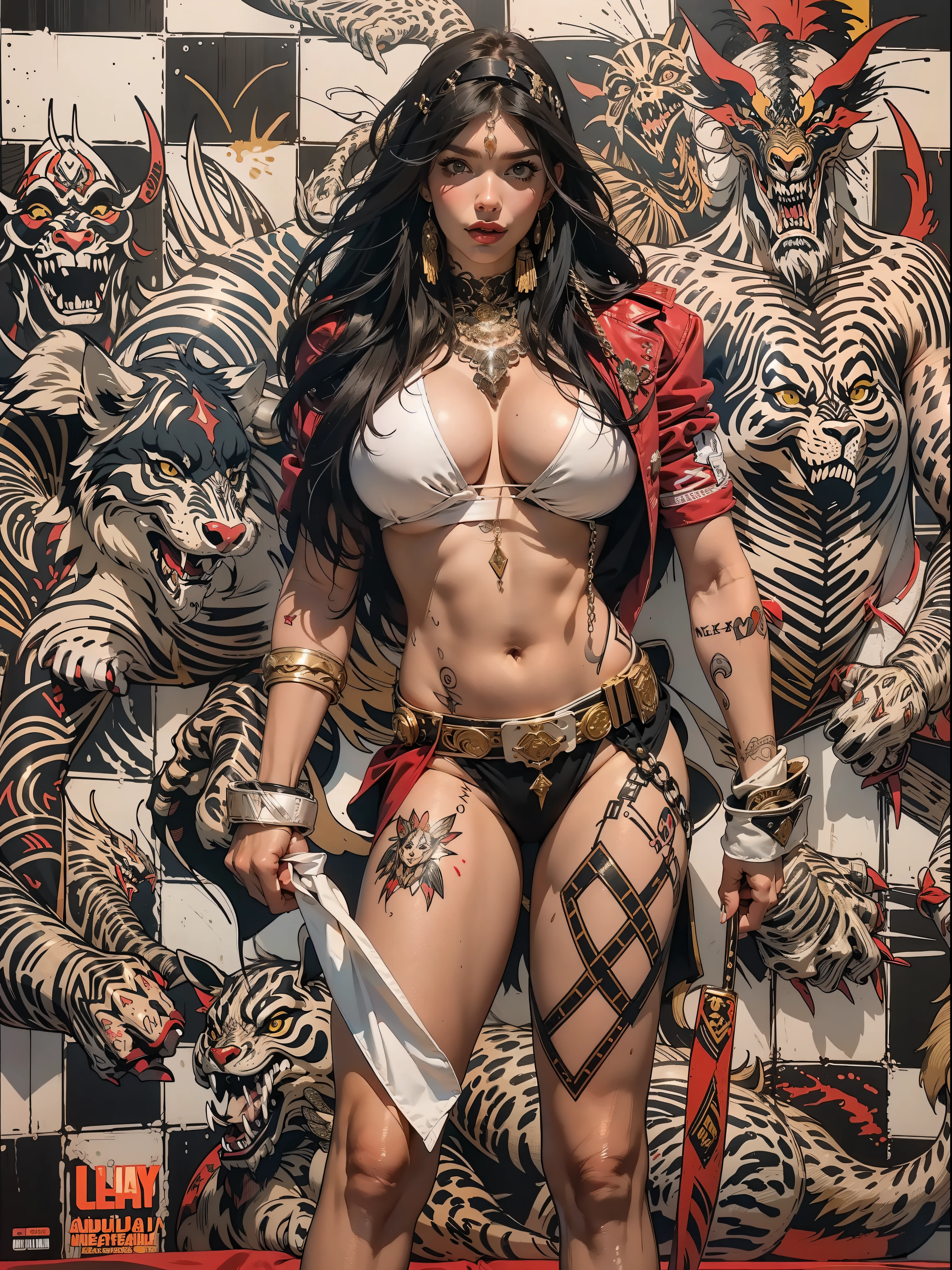 (((mulher))), (((melhor qualidade))), (((obra prima))), (((adulta))), Uma guerreira mulher de 35 anos com corpo perfeito, Brooklyn Gladiators, (( under boobs )), quase nua no estilo selvagem urbano de Simon Bisley para a capa da revista Heavy Metal, cabelo loiro, Minimum clothing, red and white checkered pattern, armadura, cheio de pontas e rebites, tatuagem tribal, (((do joelho pra cima))), cabelo desalinhado