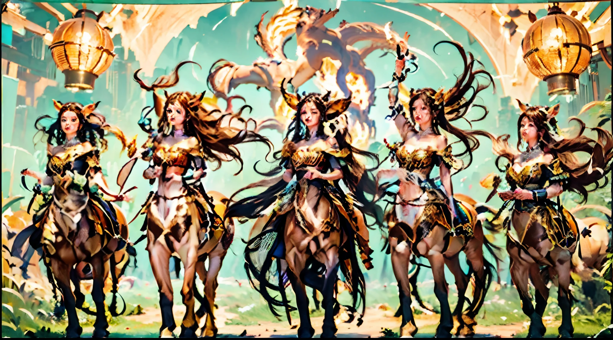 In this beautiful illustration,Eight unique female centaur characters are shown,They all have their own characteristics,Vivid and interesting。Radiant angelic centaurs from the heavenly realm,To the hellish centaurs surrounded by nightmarish flames,And then to the Wind Immortal Centaur dancing in the air,Unicorn centaur surrounded by lightning,Mechanical centaur in mechanical style,Dragon centaurs,Elf centaurs,Tiflin centaurs,Each character has their own unique charms and abilities。The illustration uses advanced artistic techniques and tools,Divide the scene into sections by geometric arrangement,Each section corresponds to a centaur character,This makes more efficient use of space。Through Midjourney's advanced brush tools、Color palette、Material packs and model packs,Exquisite costumes and equipment are designed for each centaur,Enhances the character's personality and visual appeal。The scenery in the illustrations is stunning,There are changing skies、rainbowing、extreme light、Stars and Moon。Incorporating iconic landmarks such as Mount Everest,and fireworks、tranquil lake、Natural and urban elements of waves and neon lights,Creates a magical atmosphere。The centaurs showed off their skills and equipment in a variety of environments,This is true even in extreme alien landscapes。Midjourney's tools make depicting details vivid and realistic,From intricate hairstyles and clothing to authentic textures,Enhances the realism of the characters and surroundings。The fusion of multiple art styles adds movement to the centaur's movement at all angles,The overall visual experience is further enriched。The final illustration was described as a "masterpiece",It has the characteristics of "best quality" and "realistic",The details put into the creative process are shown、Level of creativity and craftsmanship。Ultra-grand scenes,super wide shot, hdr,(真实感,Masterpiece quality,best qualtiy),
