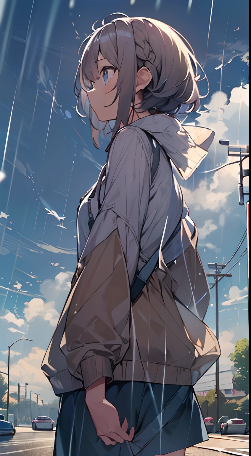 masutepiece, Best Quality,Illustration, Wallpaper, Ultra Detail, absurderes, 1girl in, Solo, (Medium short hair、short braided hair), Beautiful detailed eyes, after rain , (Street:1.3), Bright sky after rain、Hair that flutters in the wind,(a panoramic view:1.3),(Sense of depth:1.5),(longshot:1.3)