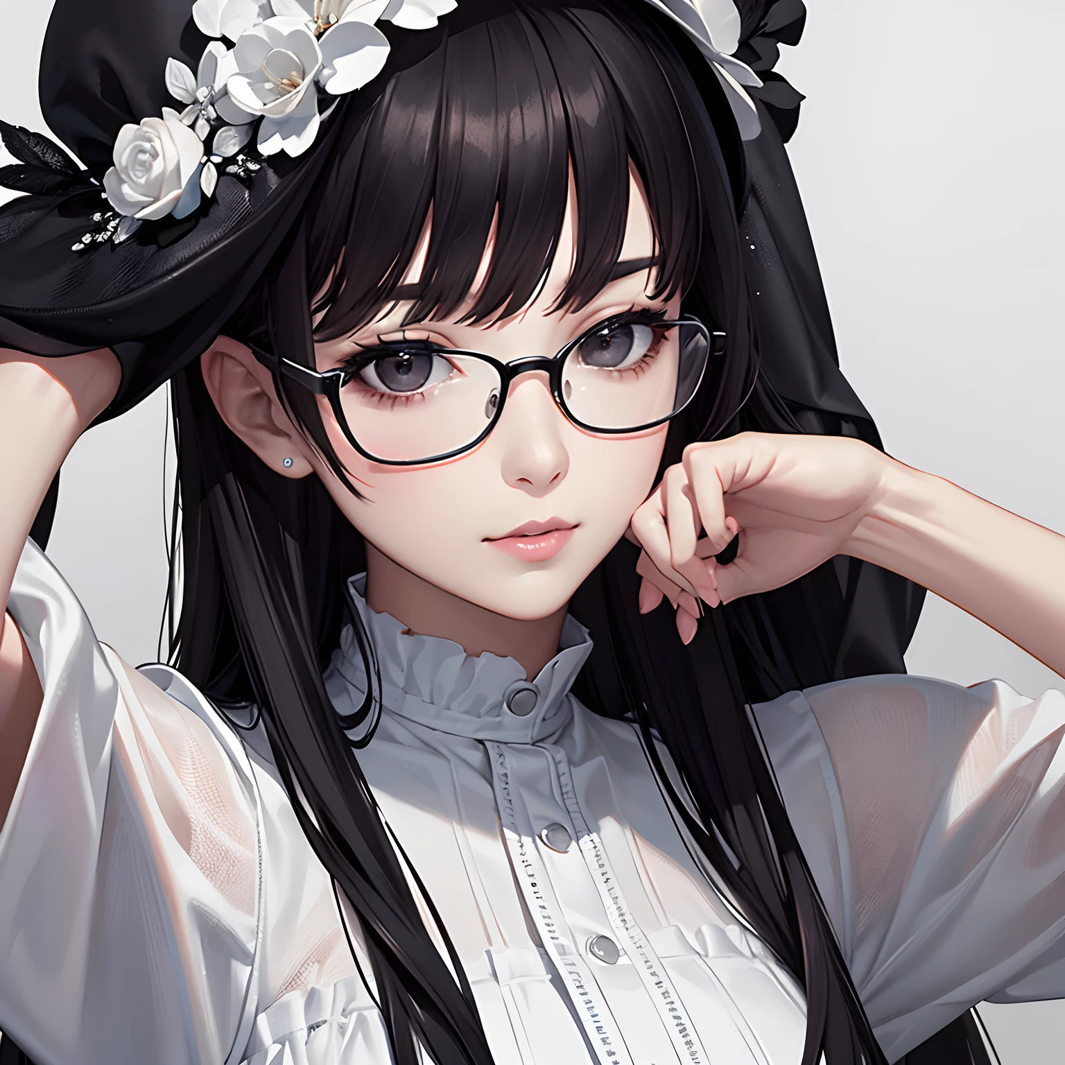 masterpiece、top-quality、hight resolution、High-quality images、8K、1womanl、detaileds、Detailed eye depiction、skin gloss、Lustrous black hair、Monochrome grayscale、Lisa、portlate、Silver-rimmed glasses、professor