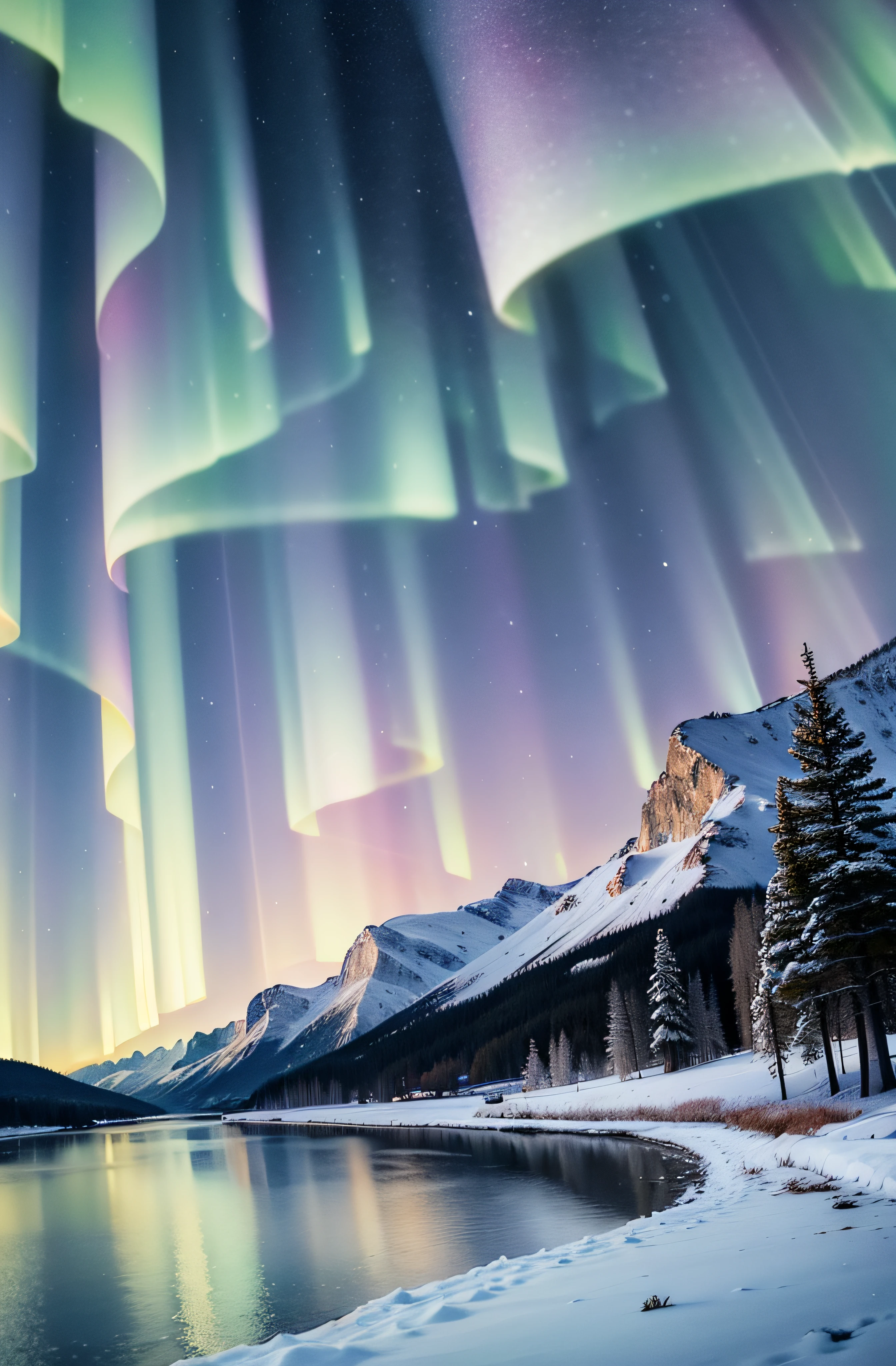 ​masterpiece、top-quality、超A high resolution、8K、pale color、Snowy mountains and snow-capped trees々There is an aurora borealis swaying in the background。A fantastic scenery with the aurora borealis reflected on the surface of the lake。