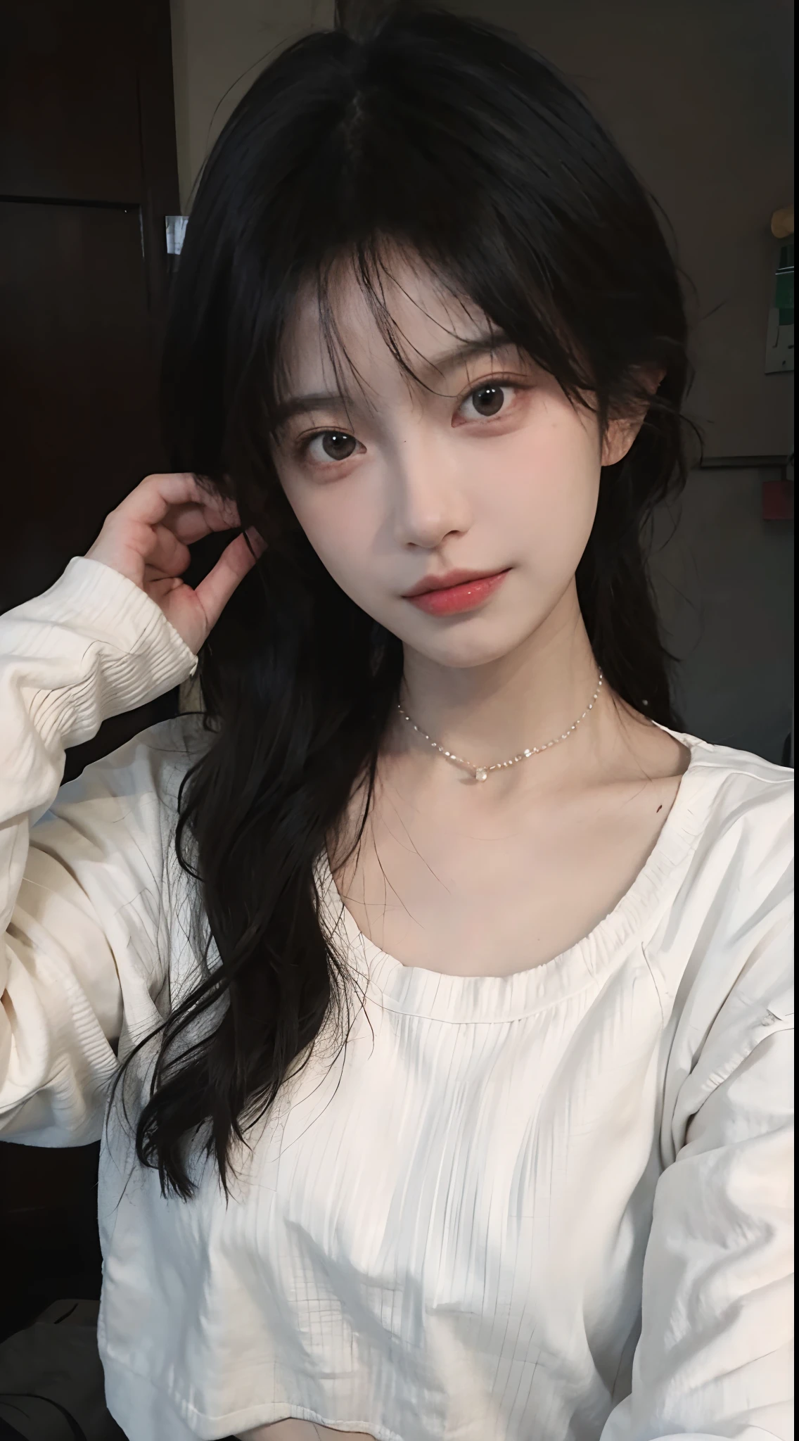 best qualtiy, 超高分辨率, (realisticlying:1.4),cute hairpin,1girll,,Cropped black sweater ,Beautiful woman with a slim figure:1.4, Abs:1.1, 浴室,Ultra-fine face,Elaborate Eyes,二重まぶた,choker necklace