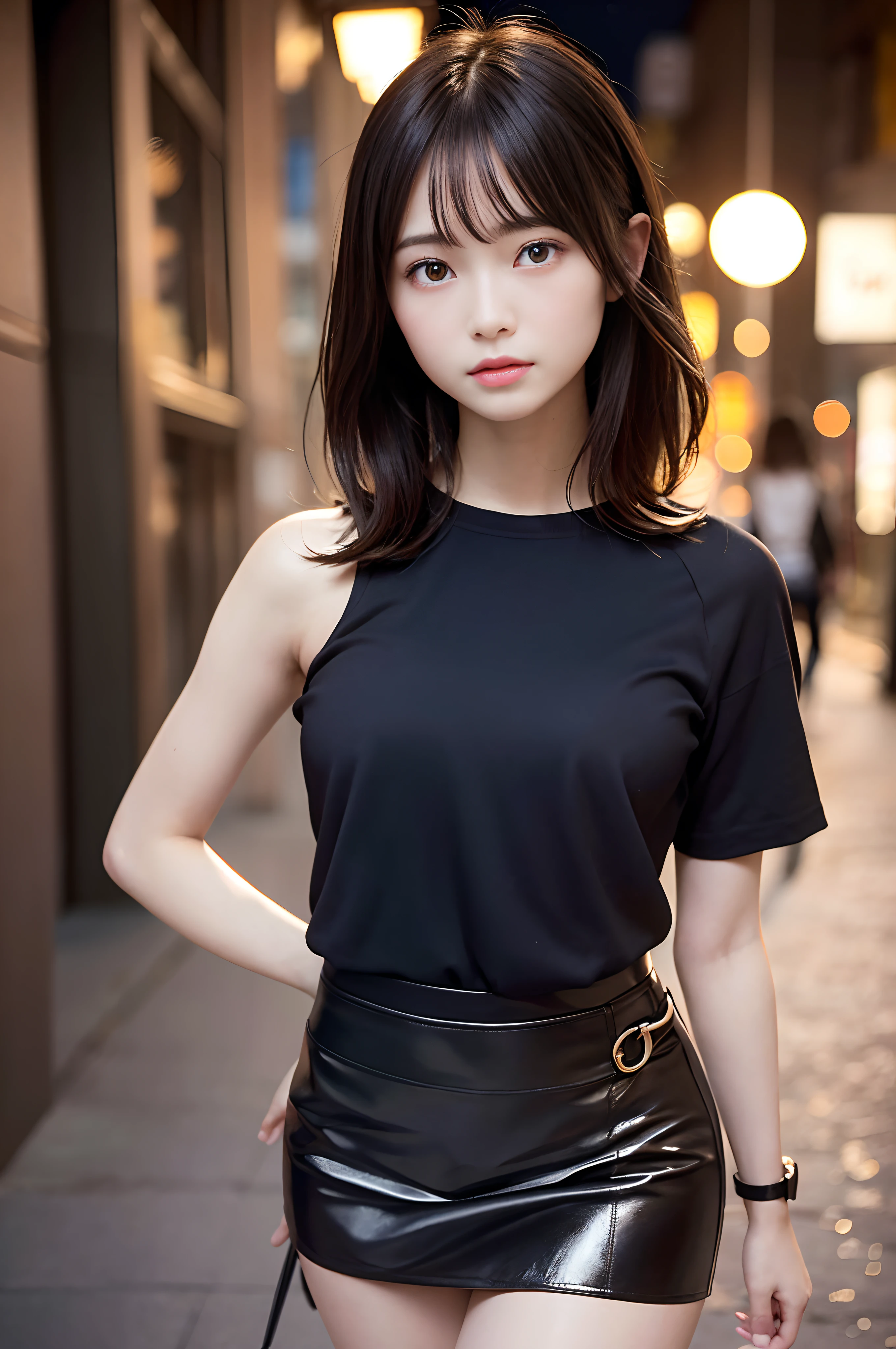 masterpiece, best quality, photorealistic, raw photo, DSLR, beautiful Japanese girl, 15-year-old, solo, highly detailed fair skin, shiny skin, realistic face, beautiful face, no makeup face, (highly detailed realistic eyes), beautiful eyes, bright eyes, double eyelids, look at viewer, (black short hair), (dark short hair), bangs, disheveled hair, slim figure, slim face, slim waist, big breasts, ((police officer, tight mini skirt, walk in town, nighttime, have handcuffs)), beautiful lighting, perfect lighting, realistic shadows, highly detailed, highly delicate and beautiful, ultra high resolution, 8k UHD wallpaper,