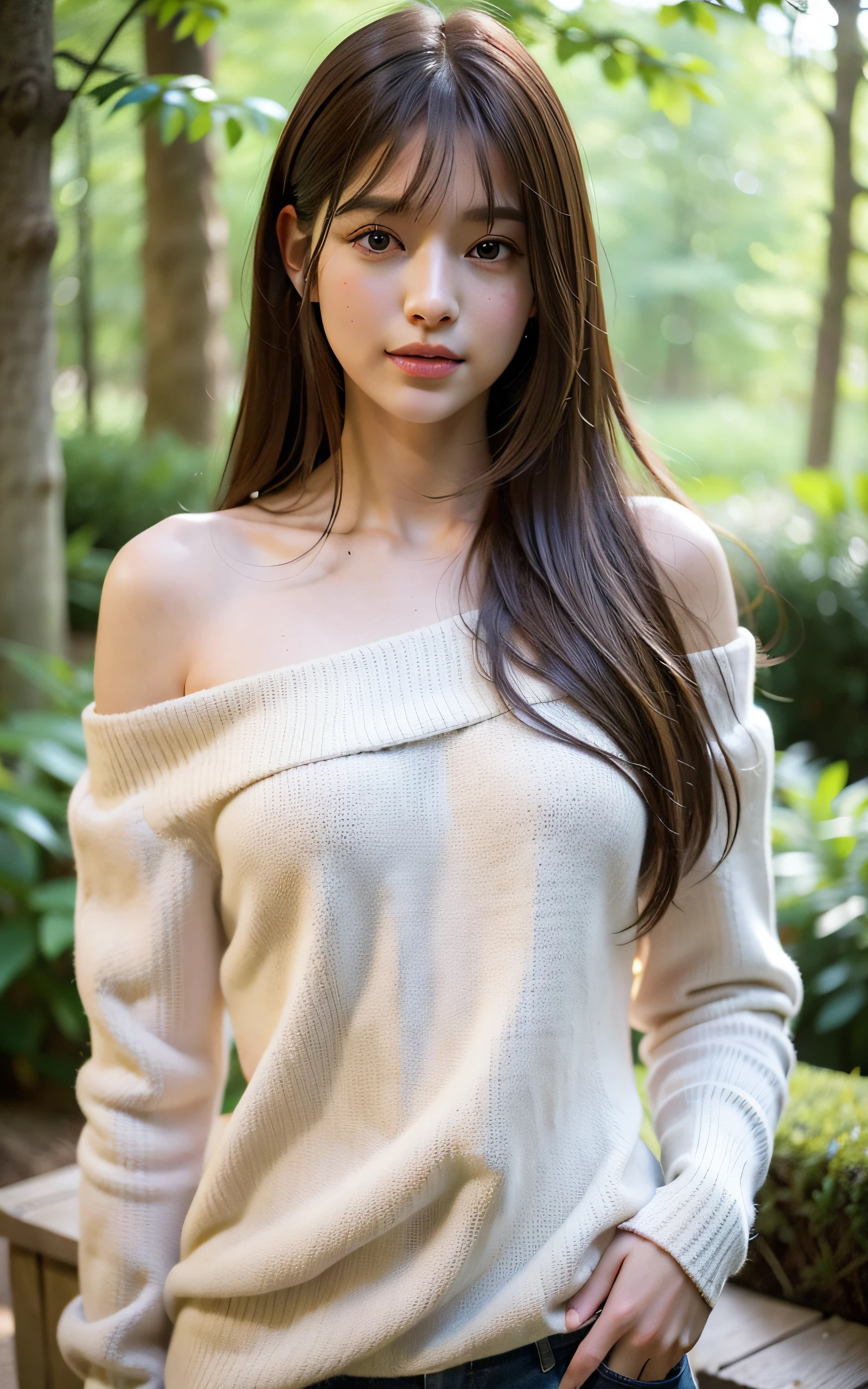 (Raw photo, Best Quality), (Realistic, Photorealsitic:1.3), masterpiece, Extremely delicate and beautiful, Soft light, (Brown hair, sway in the wind shoulder length straight hair), bangs, Beautiful detailed girl, (Detailed fingers), extremely detailed eye and face, beautiful detailed nose, Beautiful detailed eyes, 1 girl, Japanese, Neat and clean beauty, young, Smile, sweater, pants, (Half body:1.3), (medium breasts), Realistic face, Realistic body, forest