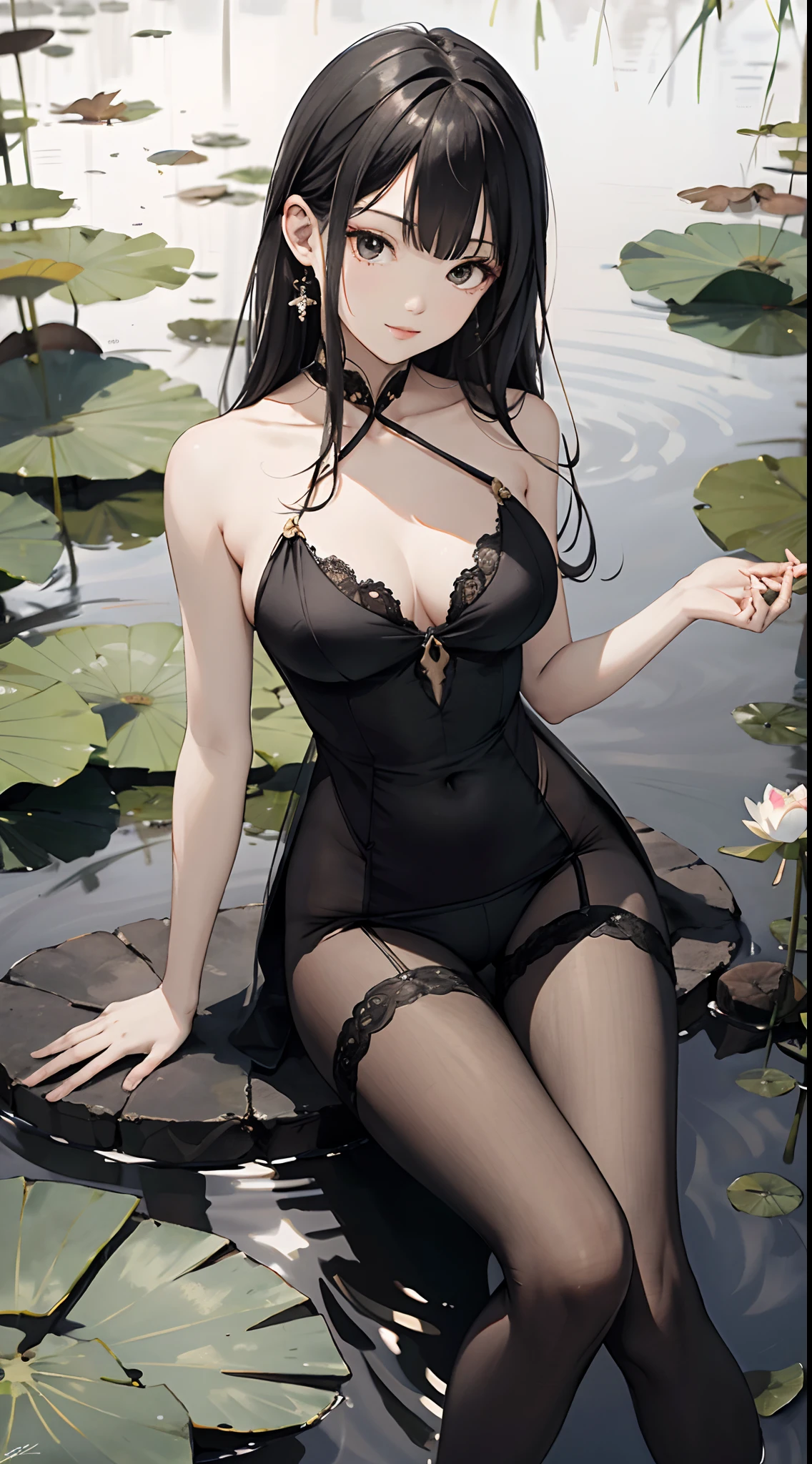 hoang lap,A high resolution,ultra - detailed,photo-realistic(1girll:1.3),handpainted,Simple lines,16 year old girl in black Chinese dress,beuaty girl,In the lotus pond,tmasterpiece,sitting on a big lotus leaf,floating clothes,black pantyhoses,black pantyhoses,ssmile,looking toward the viewer,Large round chest