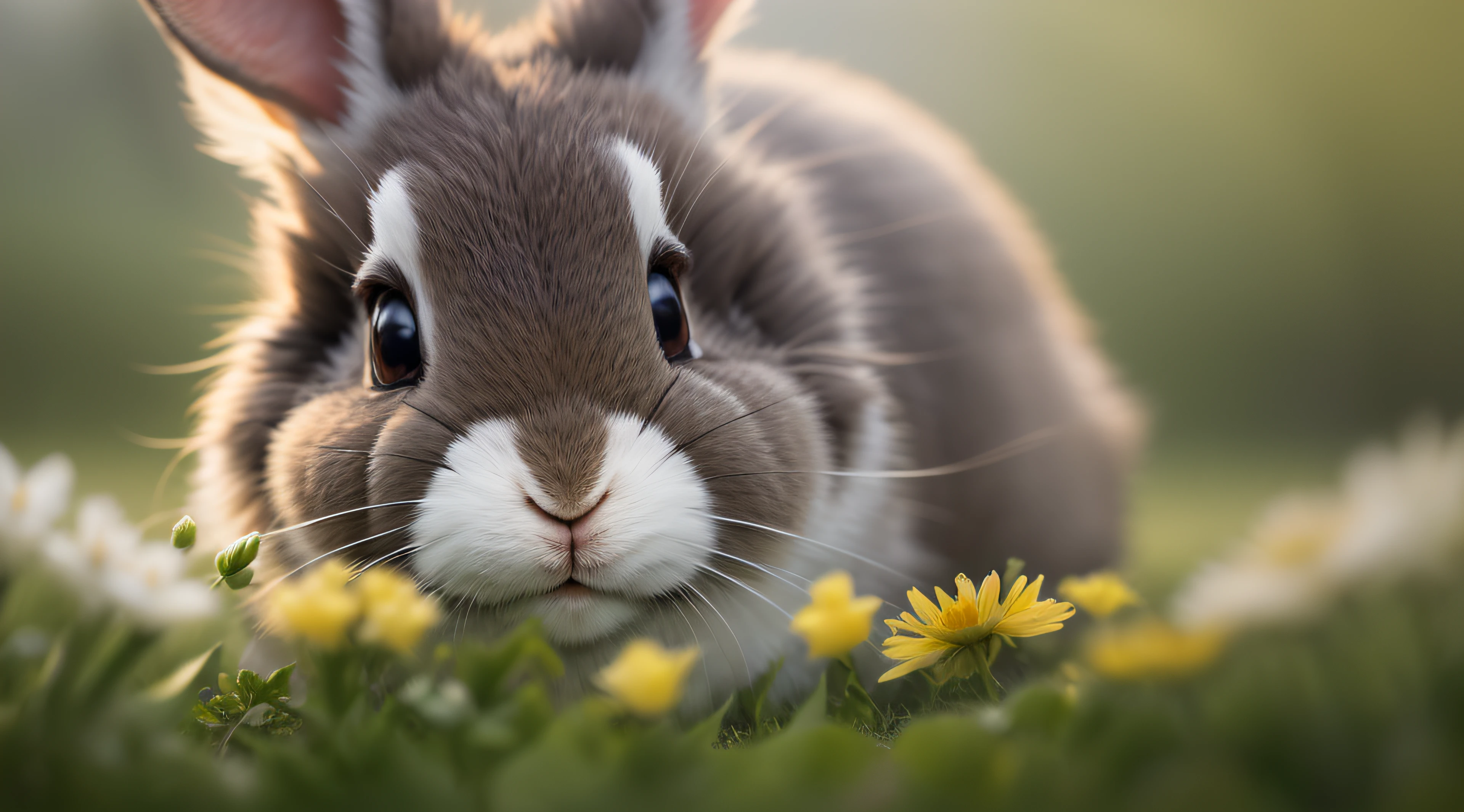 Close-up photo of a rabbit in Sunshine Park，clean backdrop，depth of fields，largeaperture，photography of，butterflys，volume fog，Halo，blooms，Dramatic atmosphere，at centre，the rule of thirds，200 mm 1.4F macro shooting