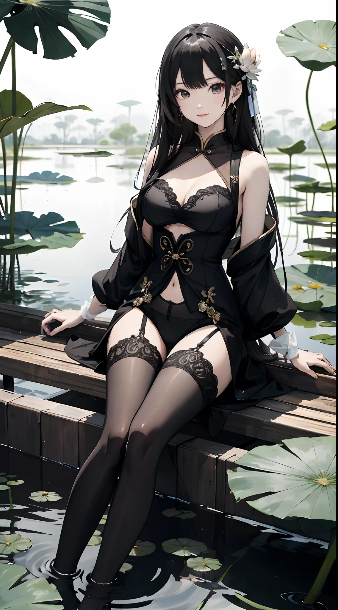 hoang lap,A high resolution,ultra - detailed,photo-realistic(1girll:1.3),handpainted,Simple lines,16 year old girl in black Chinese dress,beuaty girl,In the lotus pond,tmasterpiece,sitting on a big lotus leaf,floating clothes,black pantyhoses,black pantyhoses,ssmile,looking toward the viewer,Large round chest