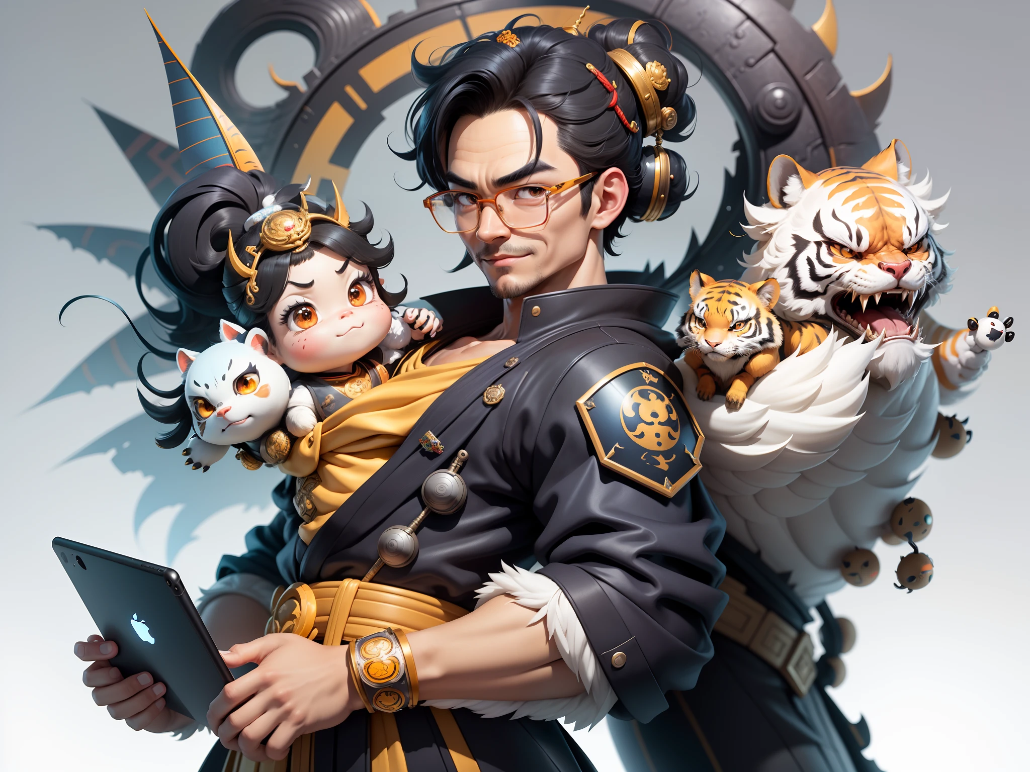 (Masterpiece), (Excellent), (Super Meticulous), (Full Body: 1.2), Super Young Man with Japanese Female Geisha, Pretty, Beautiful, Chinese Dragon, Tiger, Wind God Thor, Sexy, Bursting, Oriental Face, TV Anchor, Bust Portrait Illustration, Black Suit, Blue Tie, Slightly Chubby Face, Silver Glasses, Very Clean Face, No Beard on Chin, Black Super Short Hair, Black Eyes, Confident Smile, 3c Computer Sub-Products, iPad, iPhone, Digital Painting, 3D character design by Mark Clairedon and Pixar and Hayao Miyazaki and Akira Toriyama, the illustrations are HD illustrations in 4K resolution with highly detailed facial features and cartoon-style visuals.