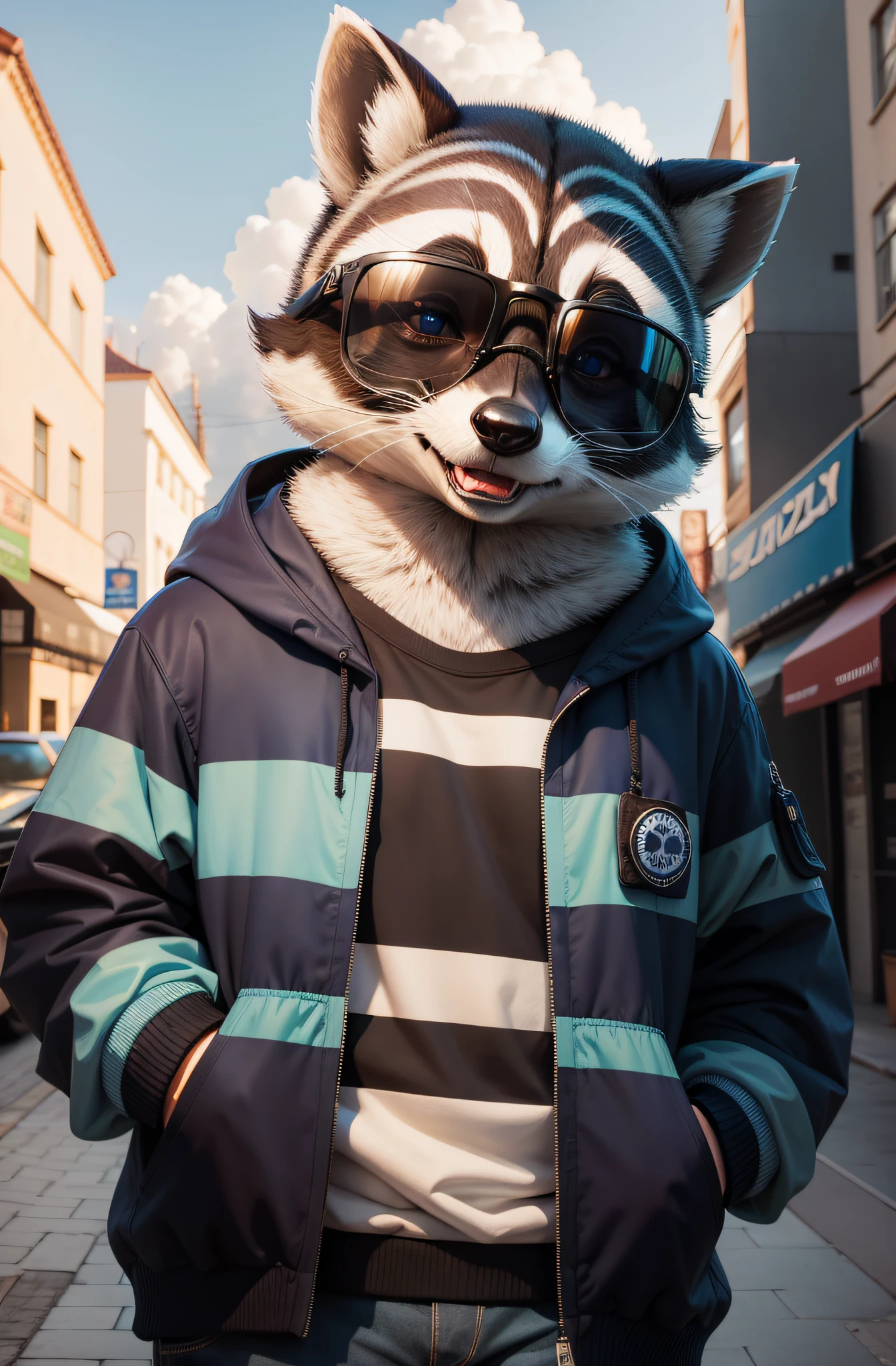 stuffed raccoon Rocky Racon, moletom liso  azul, usando o capuz do moletom, with cell phone on hand, Ultra realista, olhando de frete, sozinho, of sunglasses, amigavel, standingn, sorrindo, Feliz 4K