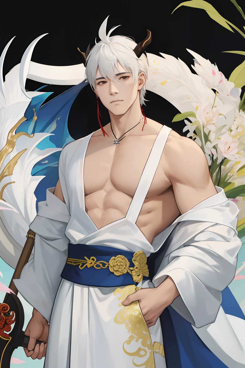NSFW, obra-prima, melhor qualidade, ultra-detalhado, semi-realista, detailedfacialfeatures, 1man,usando roupas velha wuxia, manly,feroz, cabelos brancos longos,roupa negra,arrogante,dragon horns on head,holding in his left hand a heavy axe
