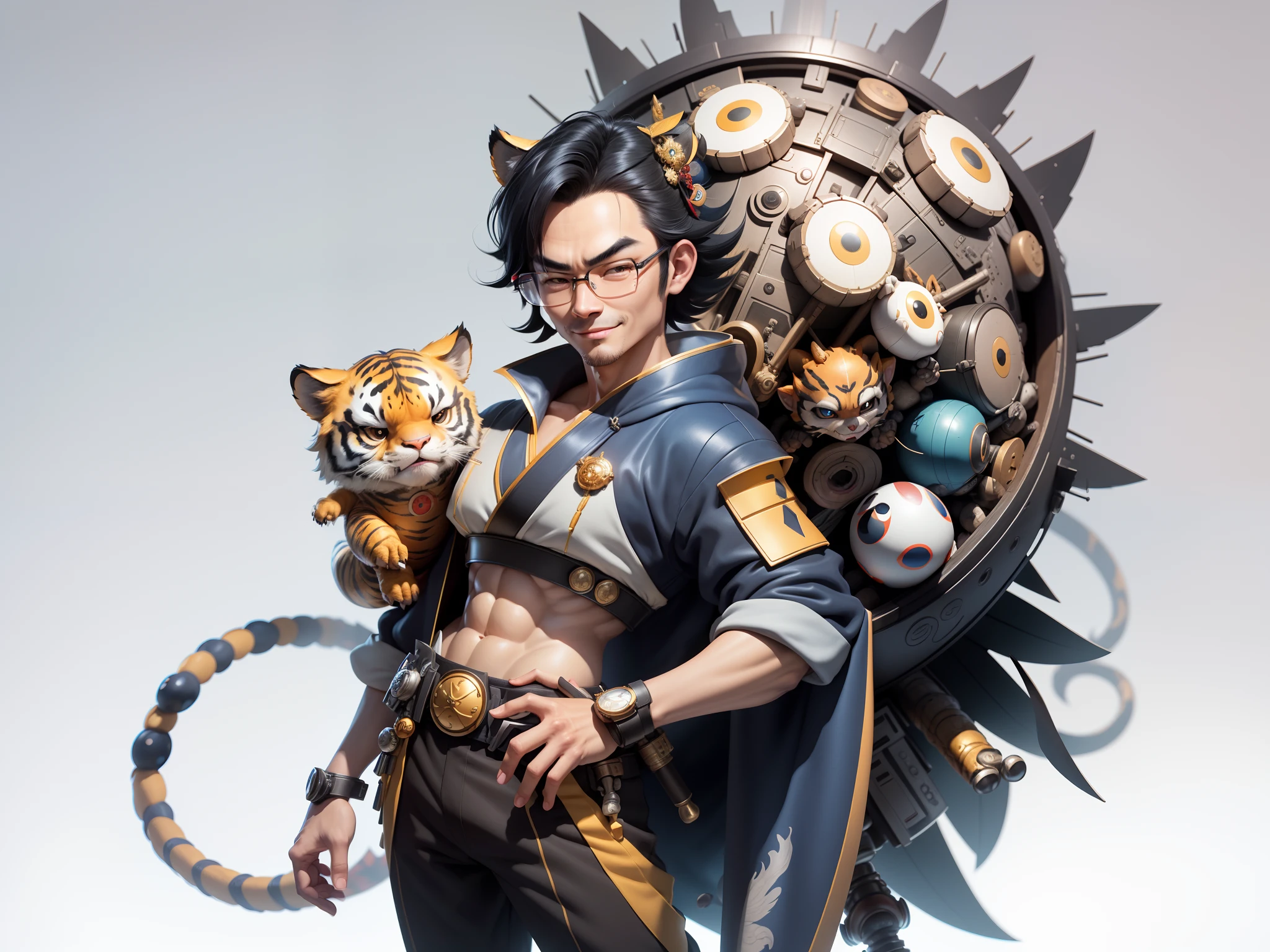 (Masterpiece), (Excellent), (Super Meticulous), (Full Body: 1.2), Super Young Man with Japanese Female Geisha, Pretty, Beautiful, Chinese Dragon, Tiger, Wind God Thor, Sexy, Bursting, Oriental Face, TV Anchor, Bust Portrait Illustration, Black Suit, Blue Tie, Slightly Chubby Face, Silver Glasses, Very Clean Face, No Beard on Chin, Black Super Short Hair, Black Eyes, Confident Smile, 3c Computer Sub-Products, iPad, iPhone, Digital Painting, 3D character design by Mark Clairedon and Pixar and Hayao Miyazaki and Akira Toriyama, the illustrations are HD illustrations in 4K resolution with highly detailed facial features and cartoon-style visuals.