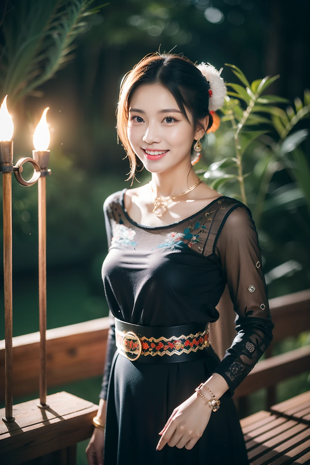 （8K分辨率，Vista full body photo），（1womanl，20yr old，（Facial features of Thai Aum：1.8，s delicate face），详细的脸，Redlip，Fair smooth skin，（Classic Hmong costume：1.4，（There are floral fabrics，The cuffs are multi-colored horizontal strips，Cardigans，Short waist long version），Silver items，Silver necklace，Bun hairpins），（pleatedskirt，There is a belt（Hmong embroidery、batik）），耳Nipple Ring，bangle，Tall and tall，The action of the conversation，perfect hand，Ultra-fine clothing material），（Traditional Xijiang Miao village，Festive party night background in cottage，Exquisite environmental details），（exhilarated，confident smile，Rejoice），（profesional lighting，动态照明），（（The colors are more balanced，（black in color，blue colors，red colour））），（Golden section，Cinema lenses，Hasselblad photograp，tmasterpiece：1.3），（Miaozhai idol，Focus on the field，trendsetting，Folklore artist，Art platform）