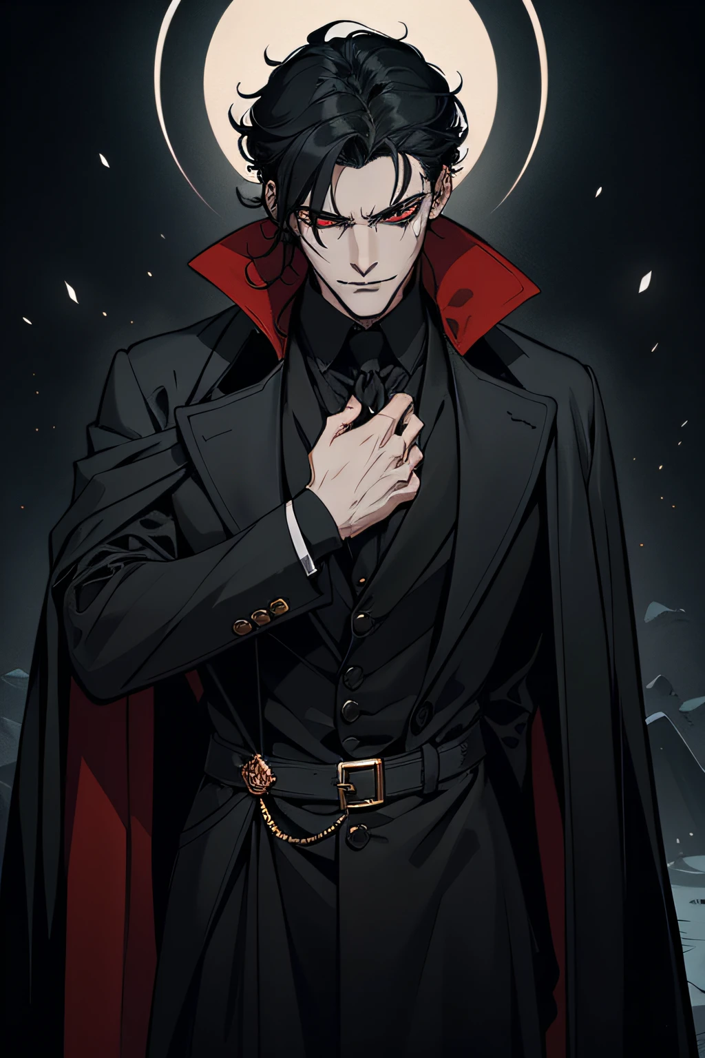 The vampire wears a long black coat，The coat fits snugly to its slender figure，It shows a mysterious and majestic atmosphere。The collar of his coat stands high，Cover his neck，It gives a gloomy feeling。The fabric on his body reveals a looming pattern，As if somehow blending into the darkness。

Red eyes are his most striking feature，Sparkle，It exudes a cold and deep light。These eyes seem to contain endless wisdom and a hunger for blood，It makes people feel a chill in their hearts。When he looks at you，You will feel a sense of oppression，It's as if he can see into the deepest recesses of your heart。

He is slender，line sleek，It gives an elegant and graceful feeling。Although the appearance looks no different from ordinary people，But there seemed to be an evil aura hidden in his smile，Makes people shudder。His skin was as pale as snow，Reveals an innate thirst for blood，Immediately reminiscent of his true identity as a vampire。

The vampire's appearance is full of charm and danger。His red eyes and black coat complement each other，Makes him even more mysterious and seductive。Whether it's his gaze on everything，Or his figure in the dark，It's enough to make people afraid and curious。