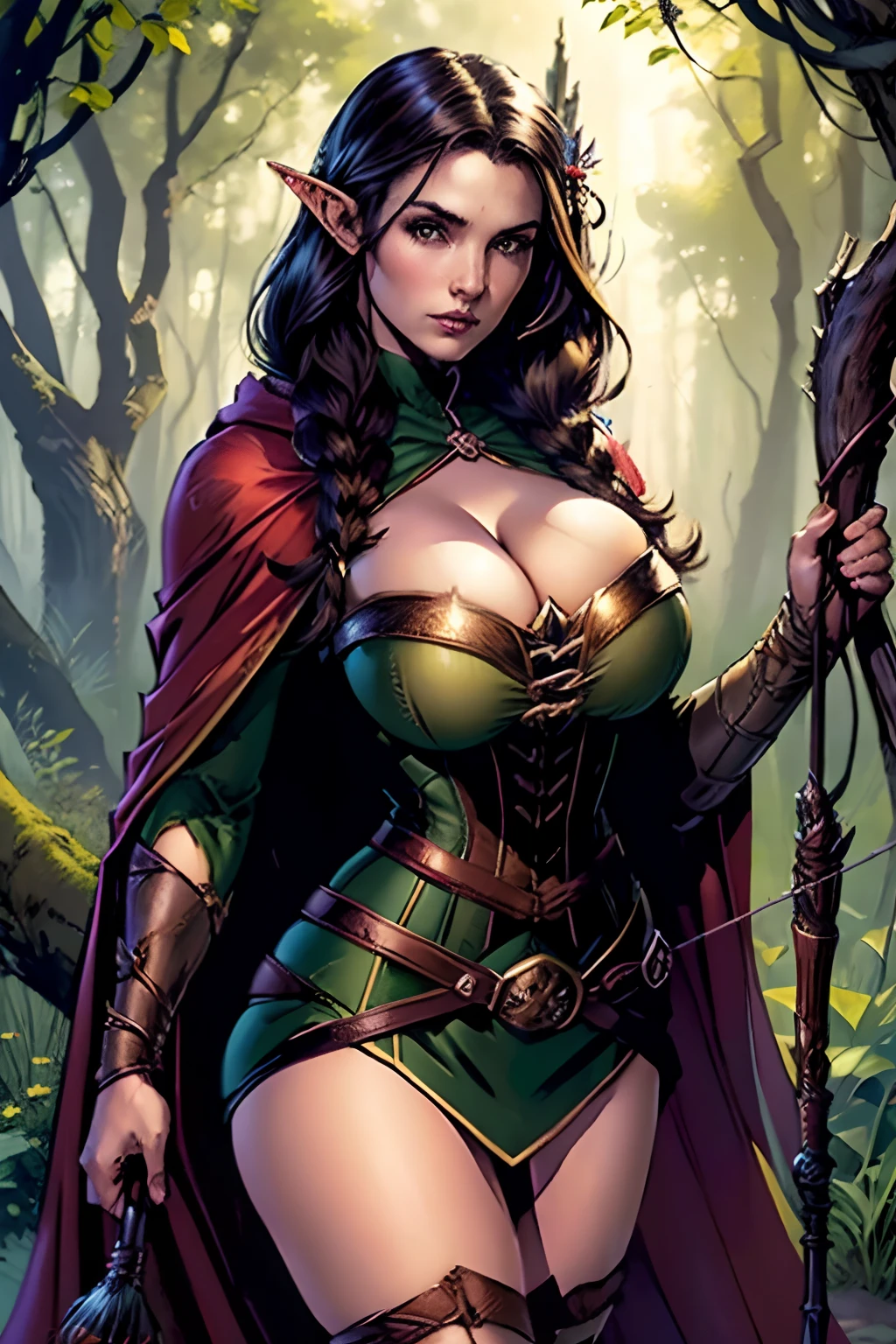(masterpiece, top quality, best quality, official art, beautiful and aesthetic:1.2), (1girl:1.3), dark brown hair in a single (braid), extremely detailed, portrait, looking at viewer, solo, (full body:0.6), detailed background, close up, cat eyes, (warm summer forest theme:1.1), (elf) ranger, charlatan, smirk, mysterious, walking in forest, revealing ranger attire, cowl, cloak, corset, long boots, buckles, straps, pouches, bow and arrow, green fabric, brown leather, (((gigantic breasts, cleavage, skindentation))), slim waist, slim hips, long legs, medieval (forest exterior:1.1) background, dark mysterious lighting, shadows, magical atmosphere, dutch angle