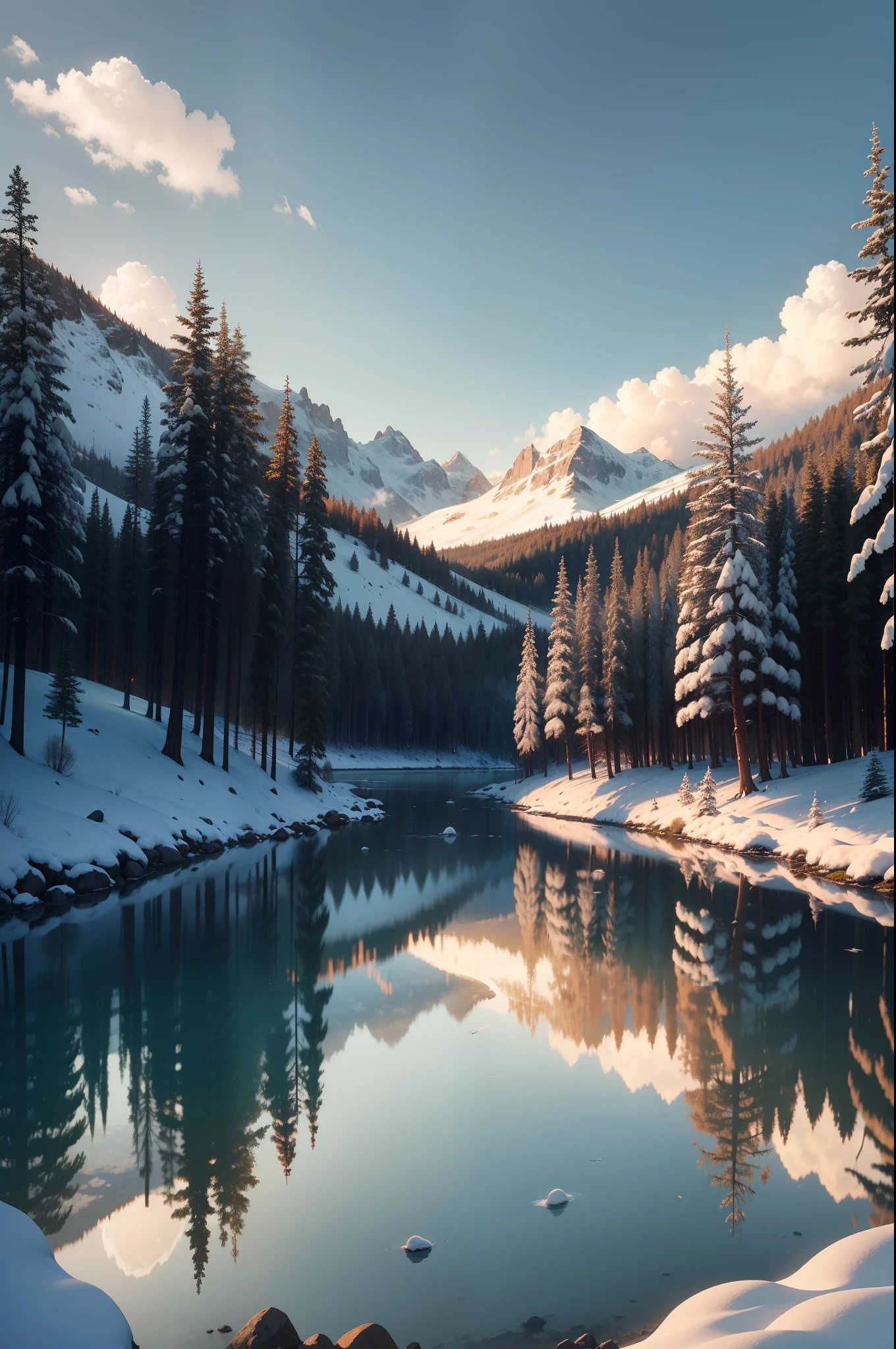 Paisagem de Sonhos (1.1), a breathtaking view of a magical setting, with high snow-capped mountains and sunset-bathed peaks, refletindo tons de rosa e laranja nas nuvens, A serene lake mirroring the sky, trees lined up on the banks, birds in flight in formation, a sense of wonder and serenity permeating the air, soft and ethereal lighting, alta resolução