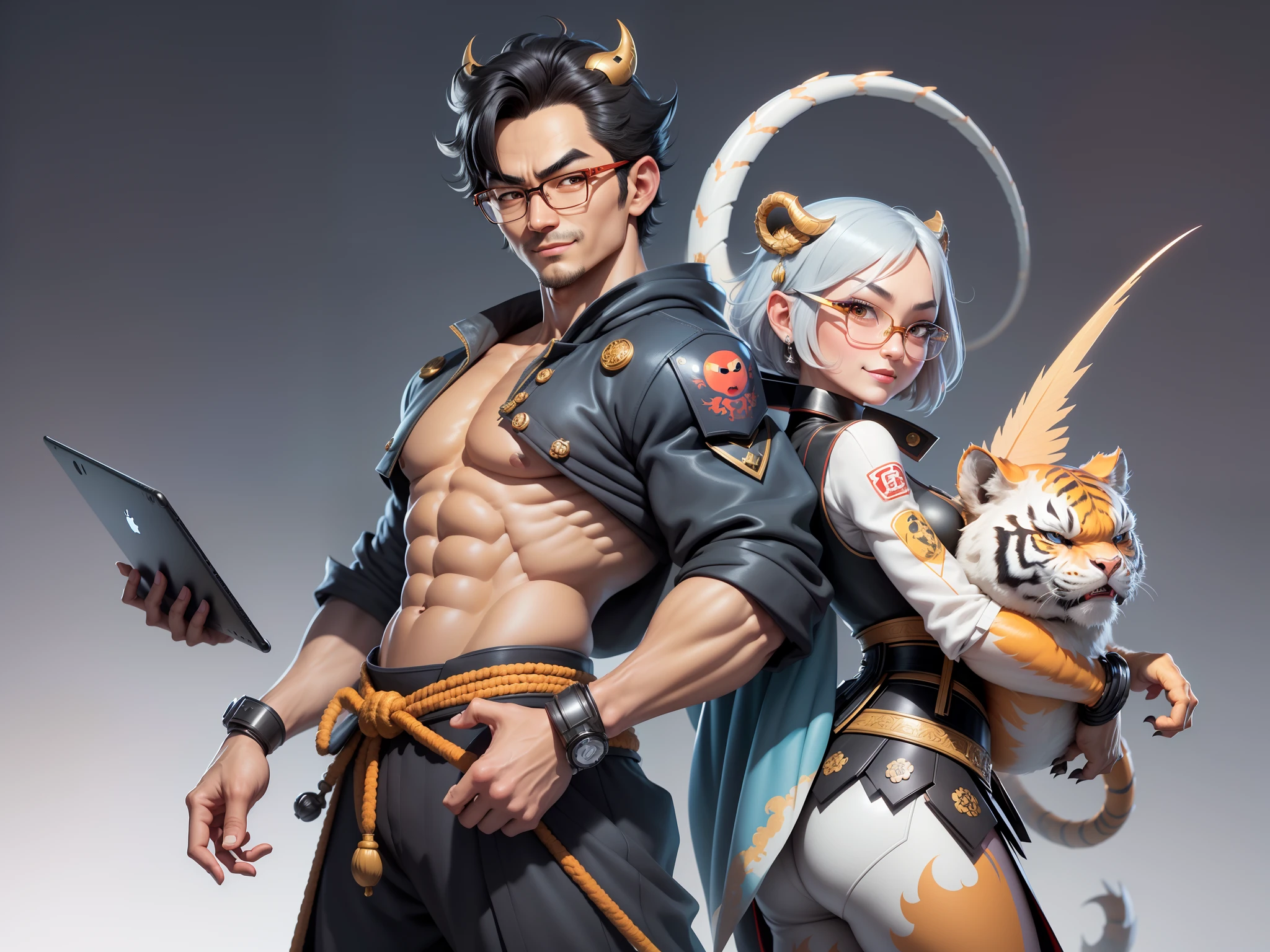 (Masterpiece), (Excellent), (Super Meticulous), (Full Body: 1.2), Super Young Man with Japanese Female Geisha, Pretty, Beautiful, Chinese Dragon, Tiger, Wind God Thor, Sexy, Bursting, Oriental Face, TV Anchor, Bust Portrait Illustration, Black Suit, Blue Tie, Slightly Chubby Face, Silver Glasses, Very Clean Face, No Beard on Chin, Black Super Short Hair, Black Eyes, Confident Smile, 3c Computer Sub-Products, iPad, iPhone, Digital Painting, 3D character design by Mark Clairedon and Pixar and Hayao Miyazaki and Akira Toriyama, the illustrations are HD illustrations in 4K resolution with highly detailed facial features and cartoon-style visuals.