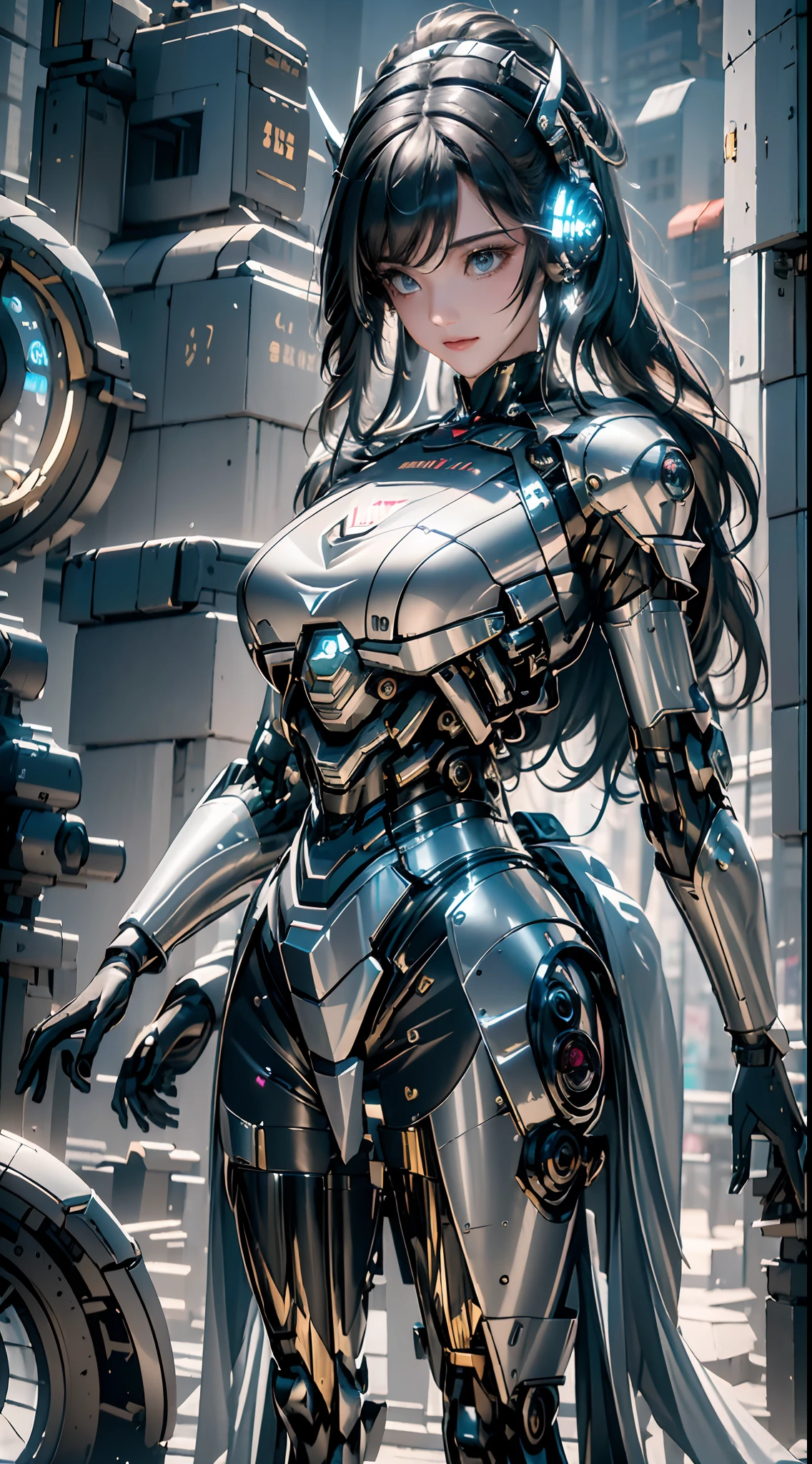 ((Best Quality)), ((Masterpiece)), (Very Detailed: 1.3), 3D, Shitu-mecha, Beautiful cyberpunk woman in ruins of a city in forgotten war, long black hair, brave face sci-fi technology, HDR (High Dynamic Range), ray tracing, nvidia RTX, super resolution, unreal 5, subsurface scattering, PBR texture, post-processing, anisotropic filtering, depth of field, maximum sharpness and sharpness, multi-layered texture, Albedo and specular mapping, surface shading, accurate simulation of light-material interactions, perfect ratios, octane rendering, duotone lighting, low ISO, white balance, rule of thirds, wide aperture, 8K RAW, high efficiency sub-pixels, subpixel convolution, luminous particles, light scattering, Tyndall effect