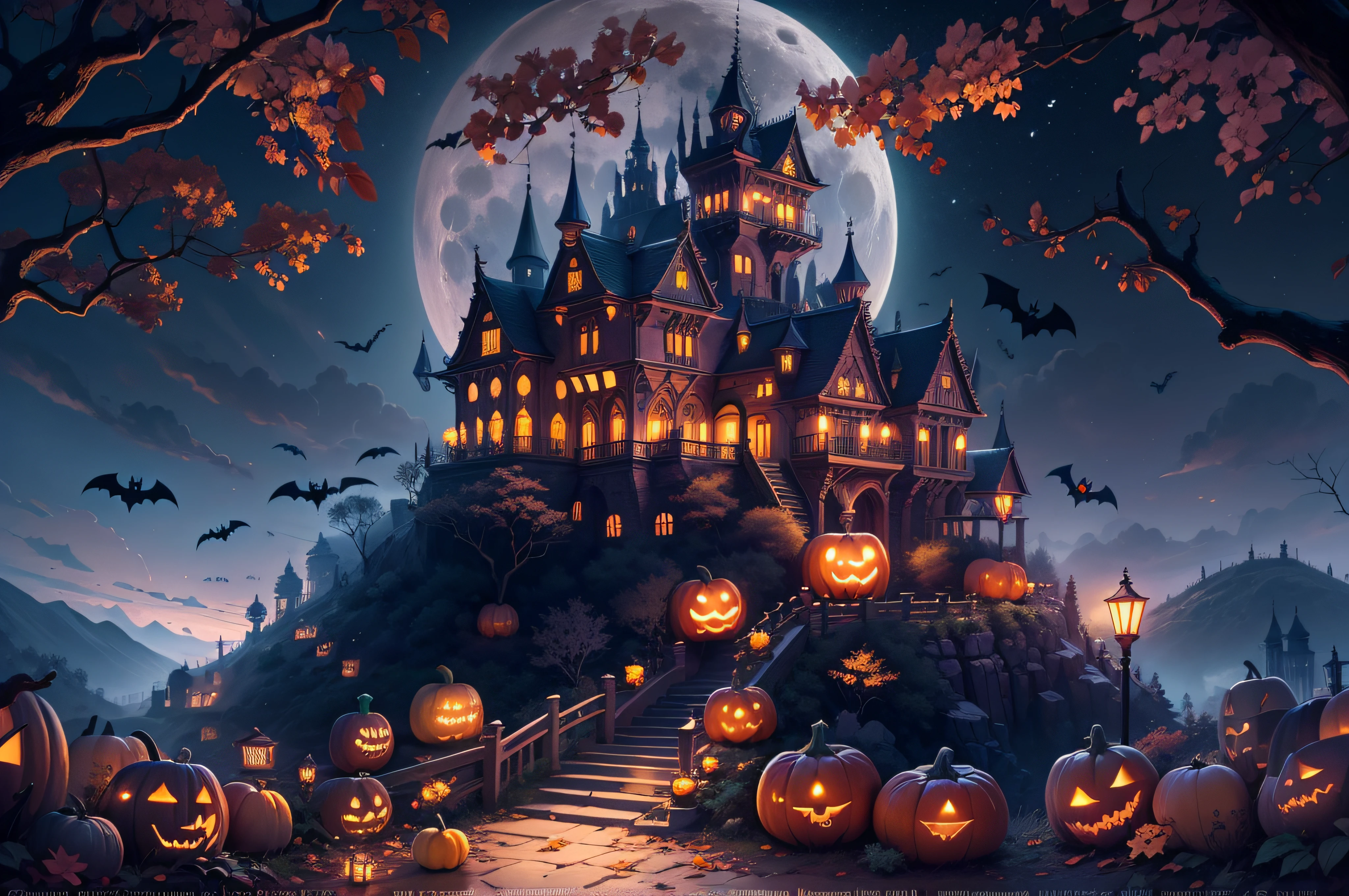 Moonlit Night Fantasy Fortress、Huge Full Moon、Halloween Poster、pumpkins、the bats、masterpiece、top-quality、top-quality、realisitic、8k 、Highly detailed CG、hight resolution、ultra-detailliert、finely detail、lighting like a movie、Halloween Poster、pumpkins、 Jack-o'-lantern、Castles, Western castle at the top of the mountain、mont、withered huge branches