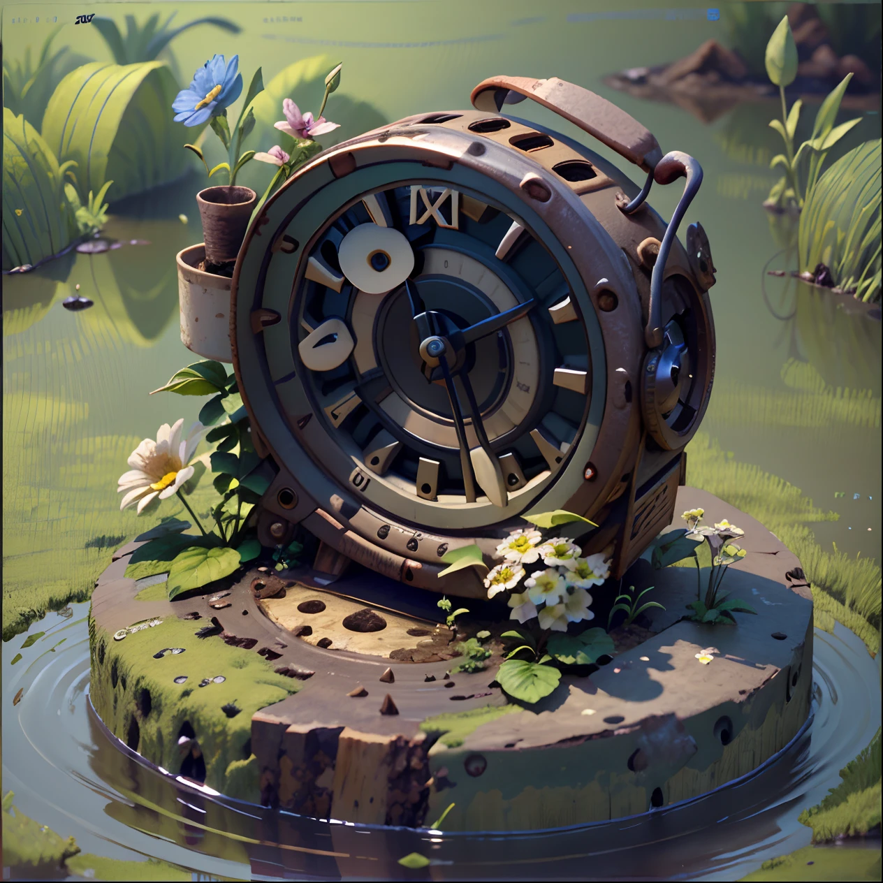 An abandoned alarm clock is half buried in the mud，Build nests for insects，There are flowers growing on it, isometry，top views，down view，High angle, big surreal，Realistic 3D game art，45 degree lock viewing angle