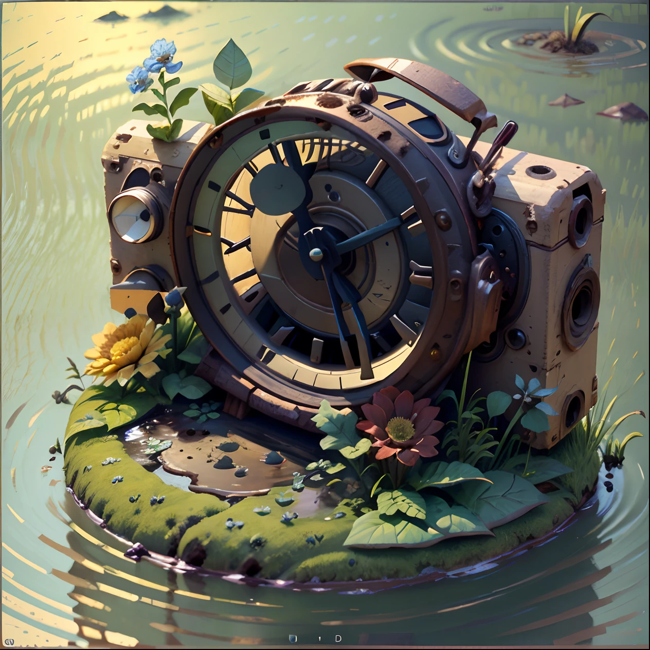 An abandoned alarm clock is half buried in the mud，Build nests for insects，There are flowers growing on it, isometry，top views，down view，High angle, big surreal，Realistic 3D game art，45 degree lock viewing angle