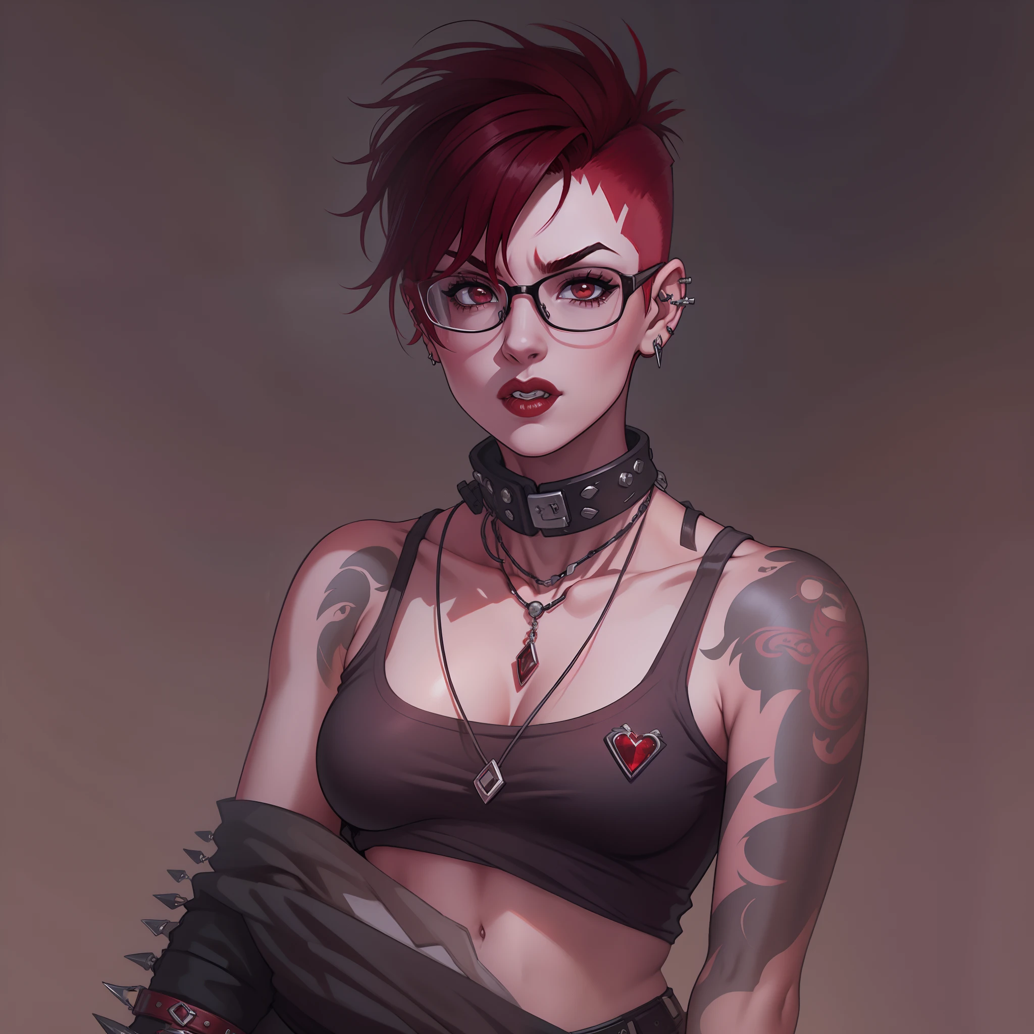 female with short shaved dark red hair, wearing glasses, villain, wearing casual punk clothing, lip piercings