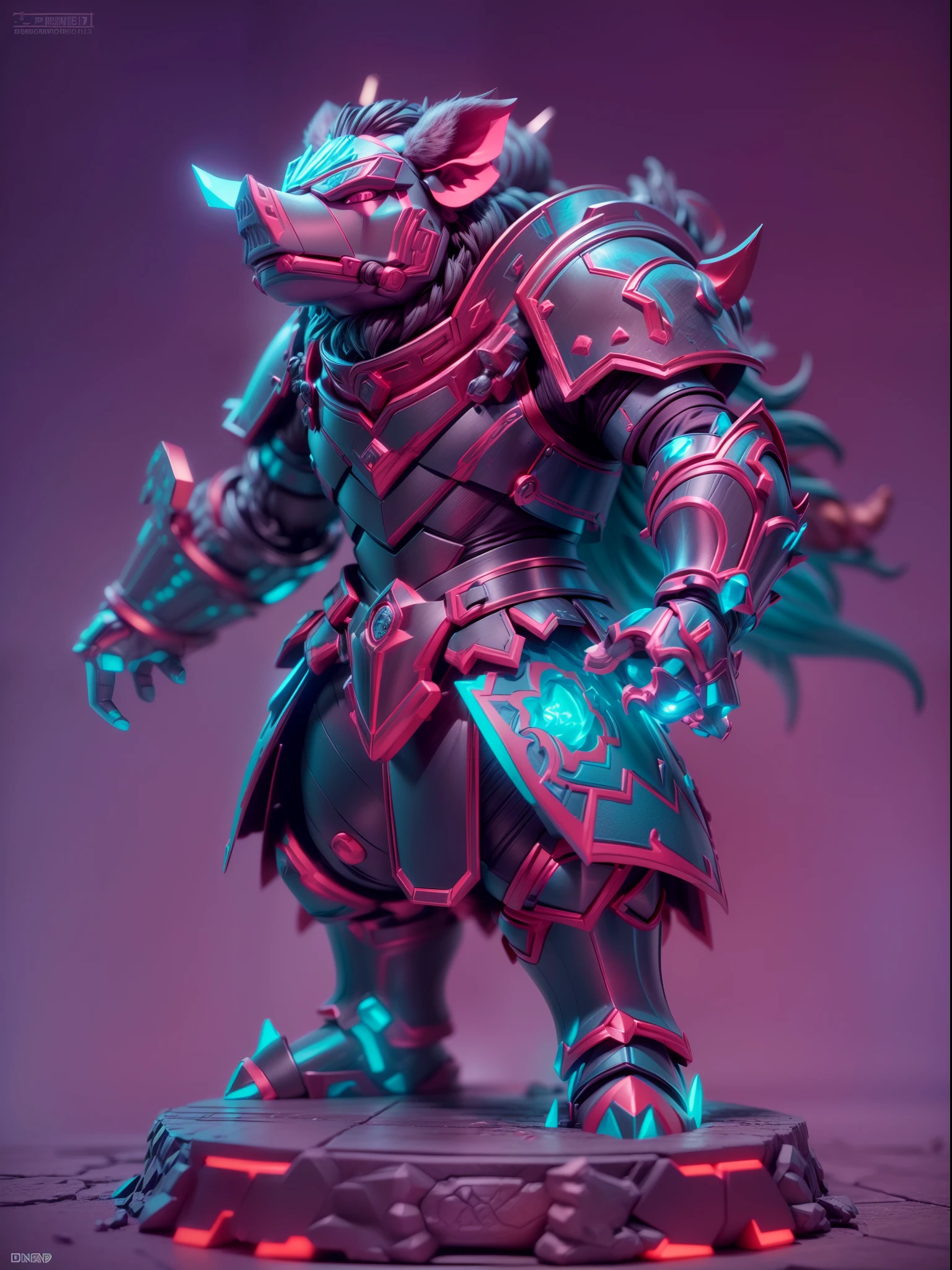 (Blind box toy style:1.3),((Full body shot))(anthropomorphism) , (1 strong boar metal warrior)(((solo))) metal armor,dreamy glow, Clean dark background,Red cyan style，(circular base）( Global illumination, Ray tracing, hdr, unreal render,reasonable design, high detail, Masterpiece, Best quality, hyper HD, Cinematic lighting)