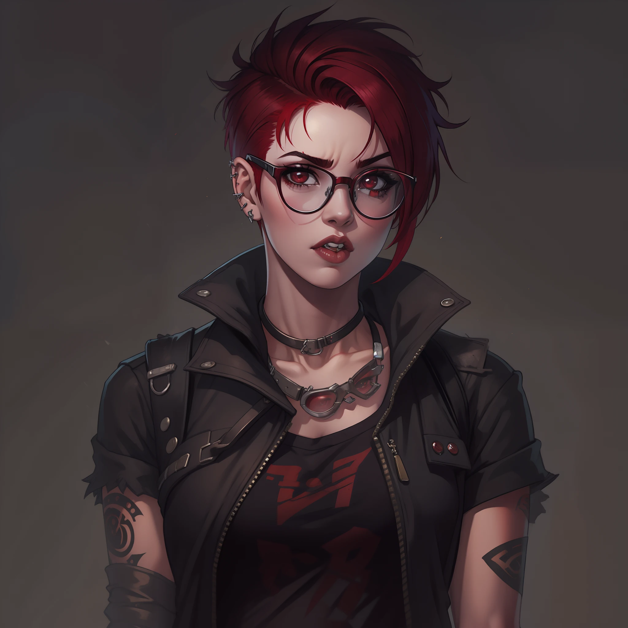 female with short shaved dark red hair, wearing glasses, villain, wearing casual punk clothing, lip piercings