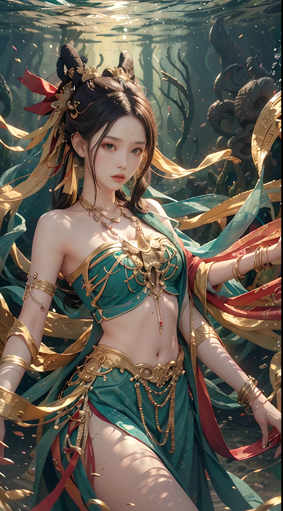 Goddess of immortality with very delicate features, Sit cross-legged and meditate. Her body is partially covered with a pale cloth. Behind her, Golden magic circle spins. A magical aura surrounds her. The scene is full of enchantment and a sense of fantasy. In the background、There is a galaxy with 4 elements (fire, Water, Air, Earth) Swirling around it. Images are of the highest quality, 8K resolution, Ultra-detailed and photorealistic visuals on display.