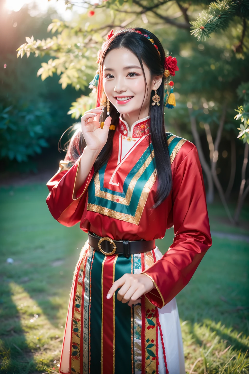 （8K分辨率，Vista full body photo），（1womanl，20yr old，s delicate face，详细的脸，Redlip，Fair smooth skin，（Classic Hmong costume：1.4，（The face is decorated with floral fabric，The cuffs are multi-colored horizontal strips，Cardigans，Short waist long version），Headband silver bun hairpins，Silver necklace，），（pleatedskirt，There is a belt（Hmong embroidery、batik）），耳Nipple Ring，bangle，Tall and tall，The action of the dialog box，perfect hand，Ultra-fine clothing material），（Traditional Xijiang Miao village，Festive party night background in cottage，Exquisite environmental details），（exhilarated，confident smile，Rejoice），（profesional lighting，动态照明），（（The colors are more balanced，（black in color，blue colors，red colour））），（Golden section，Cinema lenses，Hasselblad photograp，tmasterpiece：1.3），（Miaozhai idol，Focus on the field，trendsetting，Folklore artist，Art platform）