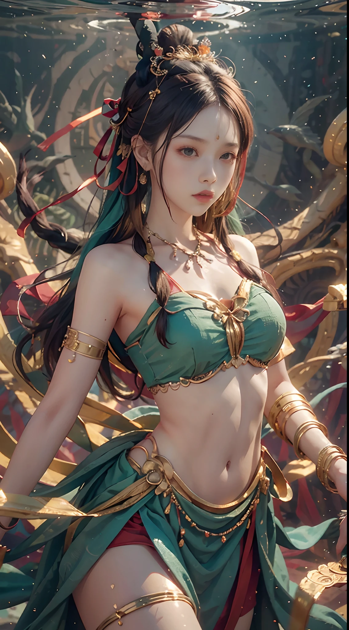 (RAW photo, best quality), (realistic, photo-realistic:1.3),best quality,highly detailed,masterpiece,ultra-detailed,illustration,1girl,full_body,dynamic angle,world masterpiece theater,messy_long_hair,best quality,extremely detailed CG unity 8k wallpaper,ink,Amazing,cinematic lighting,lens_flare,,dunhuang_style, gigantic breasts, lotus tattoo on breasts,