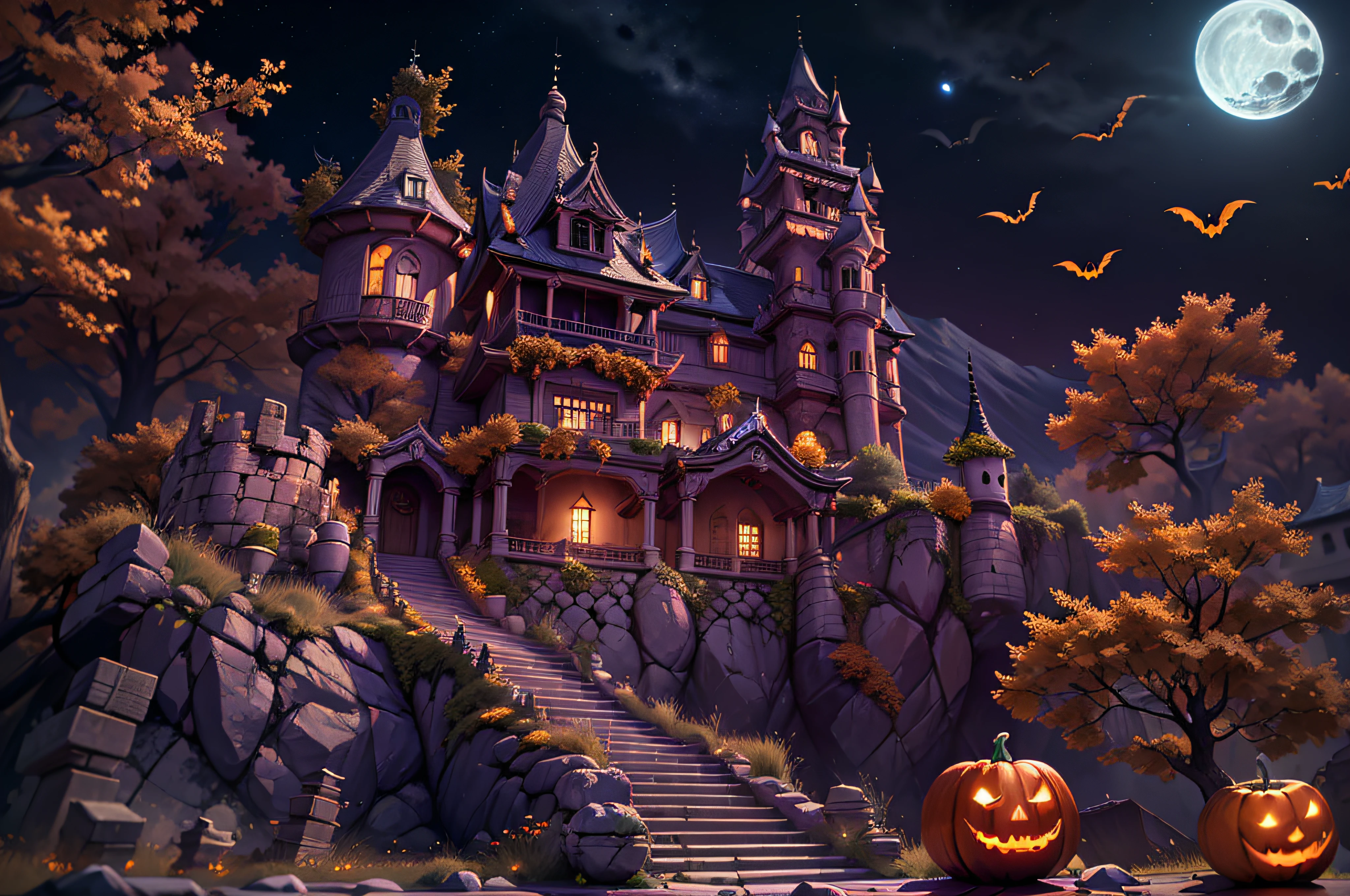 Halloween、Huge Full Moon、Halloween Poster、pumpkins、the bats、​masterpiece、top-quality、top-quality、realisitic、8k 、Highly detailed CG、hight resolution、ultra-detailliert、finely detail、Moonlit Night Fantasy Fortress、lighting like a movie、 Jack-o'-lantern、Castles, Western castle at the top of the mountain、mont、withered huge branches