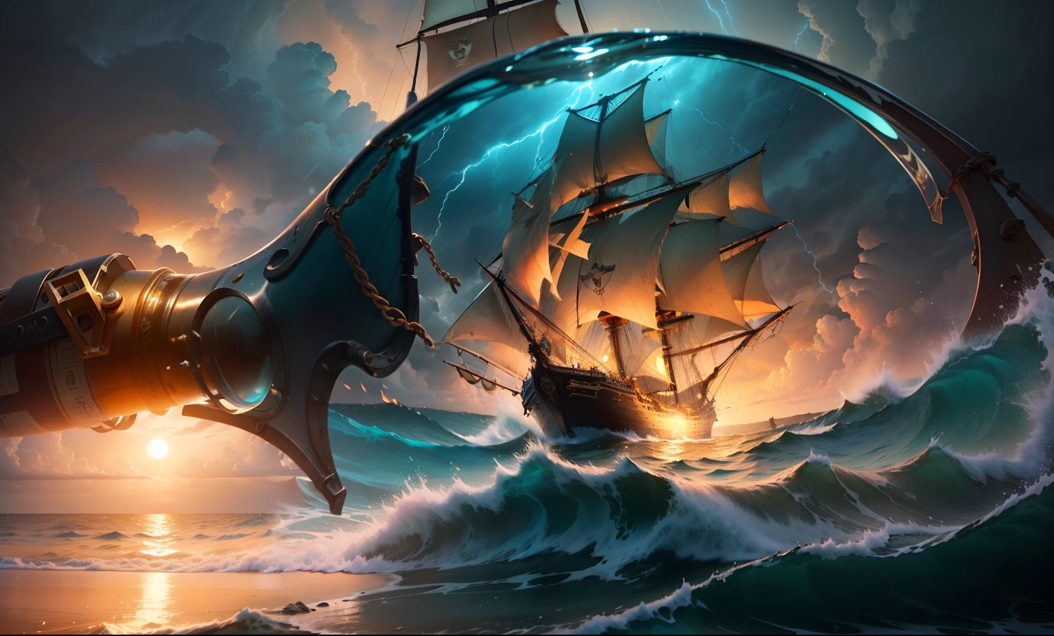 bronze skin Hawaiian, view of turbulent swells of a violent ocean storm, inside a glass bottle on the beach ม dramatic thunderous sky at dusk at center a closeup of large tall pirate ship with sails, breaking light spilling out of the bottle