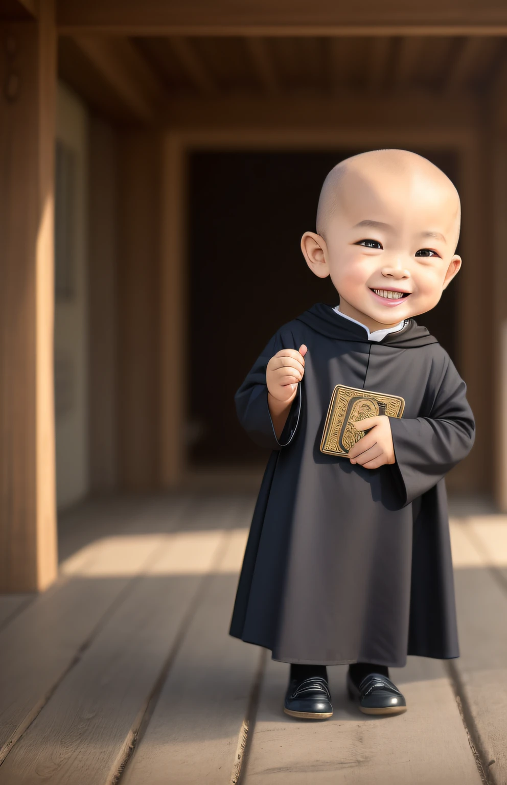 (masterpaintings), (need), (super-fine), (s whole body:1.2), A three-year-old little monk，The round face has big eyes，His nose was slightly upturned，There is always a sweet smile on the mouth，It looks very cute。 The little monk wears a loose black cassock，The clothes are embroidered with gold and scriptures，The little monk is bald，It seems particularly spiritual。 He did it there，Fold your hands，With a smile，As if silently praying。The whole person looks cute，People can't help but want to hug him。ultra-wide-angle, 8K, Hi-Def, true to life