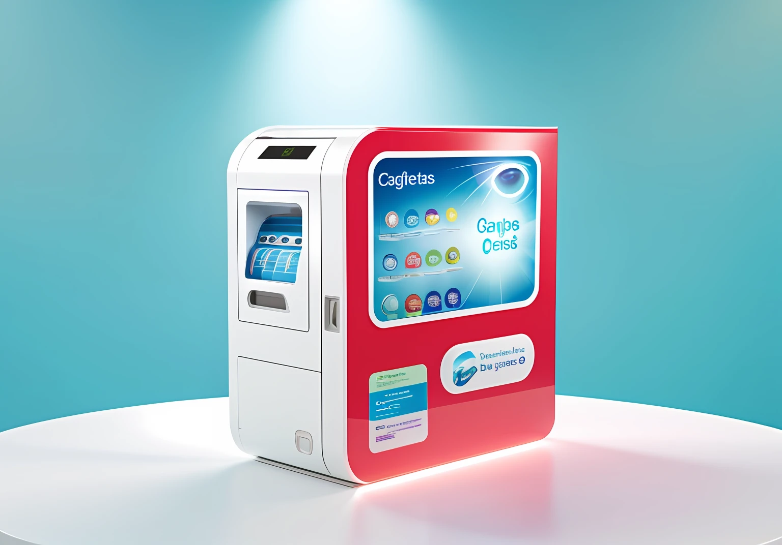 Close-up of contact lenses with display，For example，Elements of contact lenses，vending machines，sci-fi vending machine，3D product render，Some are more specific, Descriptive scenarios may appear on the computer，por exemplo, Someone went to a vending machine and bought a pair of contact lenses，Or describe the purchase of contact lenses，Some combinations of foil scene elements， Product rendering，Stylistic references attract attention，applied，Represents health，Safety，Elements with a strong visual sense，There are reasonable ones on the fuselage, For example, Someone goes，Buy contact lenses, etc，The overall color is mainly blue and white，Color distribution is 50 each%,Wish there were more elements，A little diversified，Fewer colors，No portraits