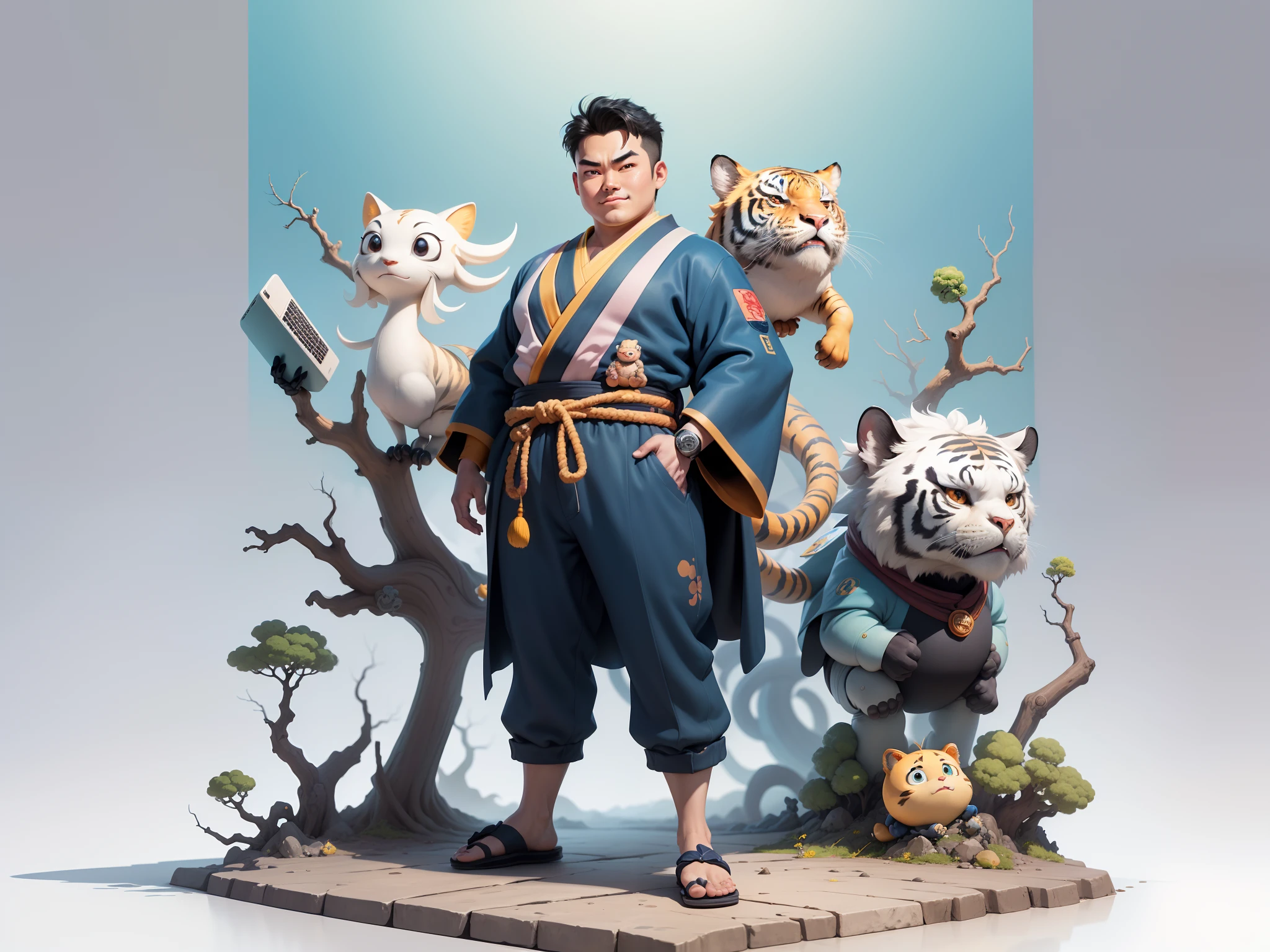 (Masterpiece), (Excellent), (Super Meticulous), (Full Body: 1.2), Super Young Man, Oriental Face, Japanese Kimono, Japanese Wind Thunder God, Dragon, Tiger, TV Anchor, Bust Portrait Illustration, Alone, Black Suit, Blue Tie, Slightly Chubby Face, Very Clean Face, No Beard, Black Super Short Hair, Black Eyes, Confident Smile, 3c Computer Sub-Products, iPad, iPhone, Digital Painting, 3D Character Design by Akira Toriyama and Mark Claireden and Pixar and Hayao Miyazaki, The illustration is a high-definition illustration in 4K resolution with very detailed facial features and cartoon-style visuals.