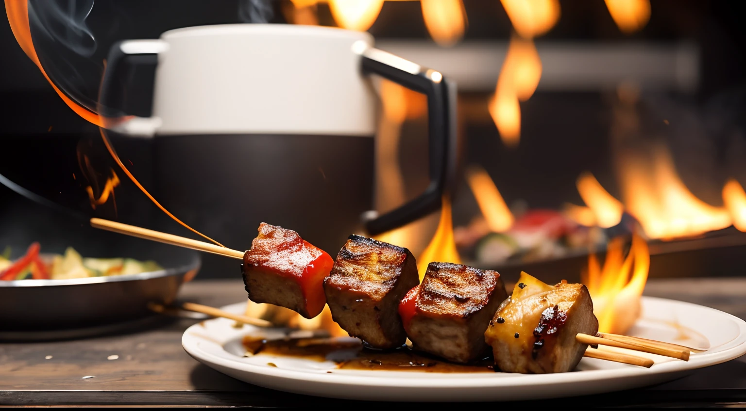 Close-up photo of kebab,A skewer being grilled on the stove,firey,mutton,beer mug,Three people,puffing smoke, 50 millimeters, Fujifilm XT3, hyper HD, 8K, The background is blurred out