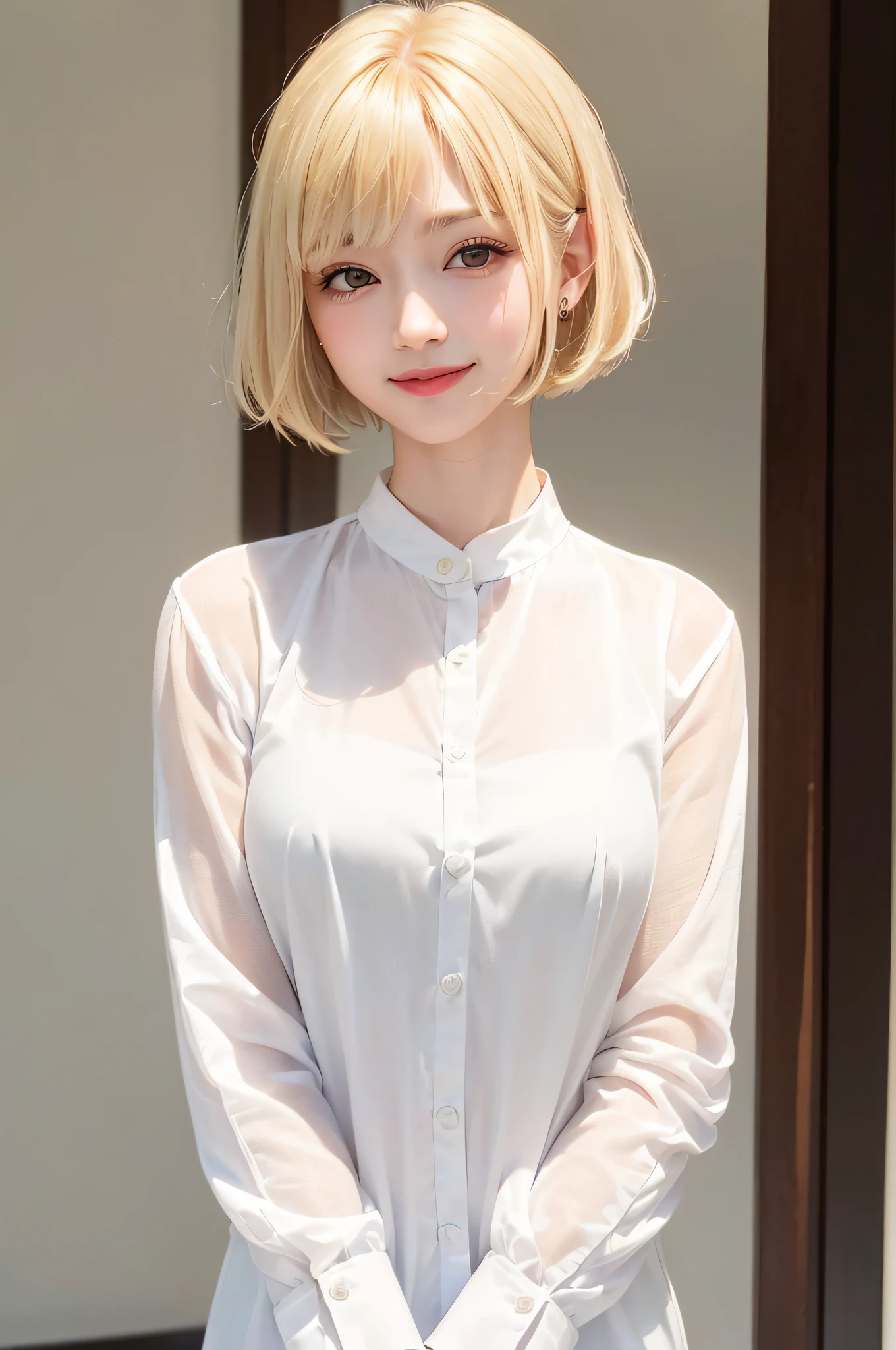(8K, RAW photo:1.2),detailed face and eyes,最high quality, Super high resolution, very detailed ,intricate details ,table top ,pretty girl , soft movie-like light, hyper detail,sharp focus, high quality,Breasts out,bob cut,blonde,NSFW, smile, zettai ryouiki, skirt, sit on a chair, spread your legs, show panties