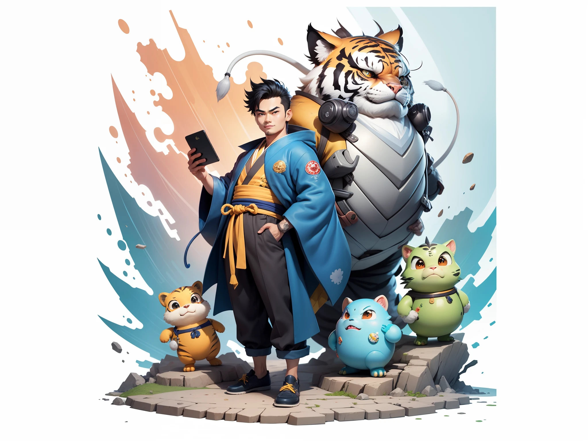 (Masterpiece), (Excellent), (Super Meticulous), (Full Body: 1.2), Super Young Man, Oriental Face, Japanese Kimono, Japanese Wind Thunder God, Dragon, Tiger, TV Anchor, Bust Portrait Illustration, Alone, Black Suit, Blue Tie, Slightly Chubby Face, Very Clean Face, No Beard, Black Super Short Hair, Black Eyes, Confident Smile, 3c Computer Sub-Products, iPad, iPhone, Digital Painting, 3D Character Design by Akira Toriyama and Mark Claireden and Pixar and Hayao Miyazaki, The illustration is a high-definition illustration in 4K resolution with very detailed facial features and cartoon-style visuals.