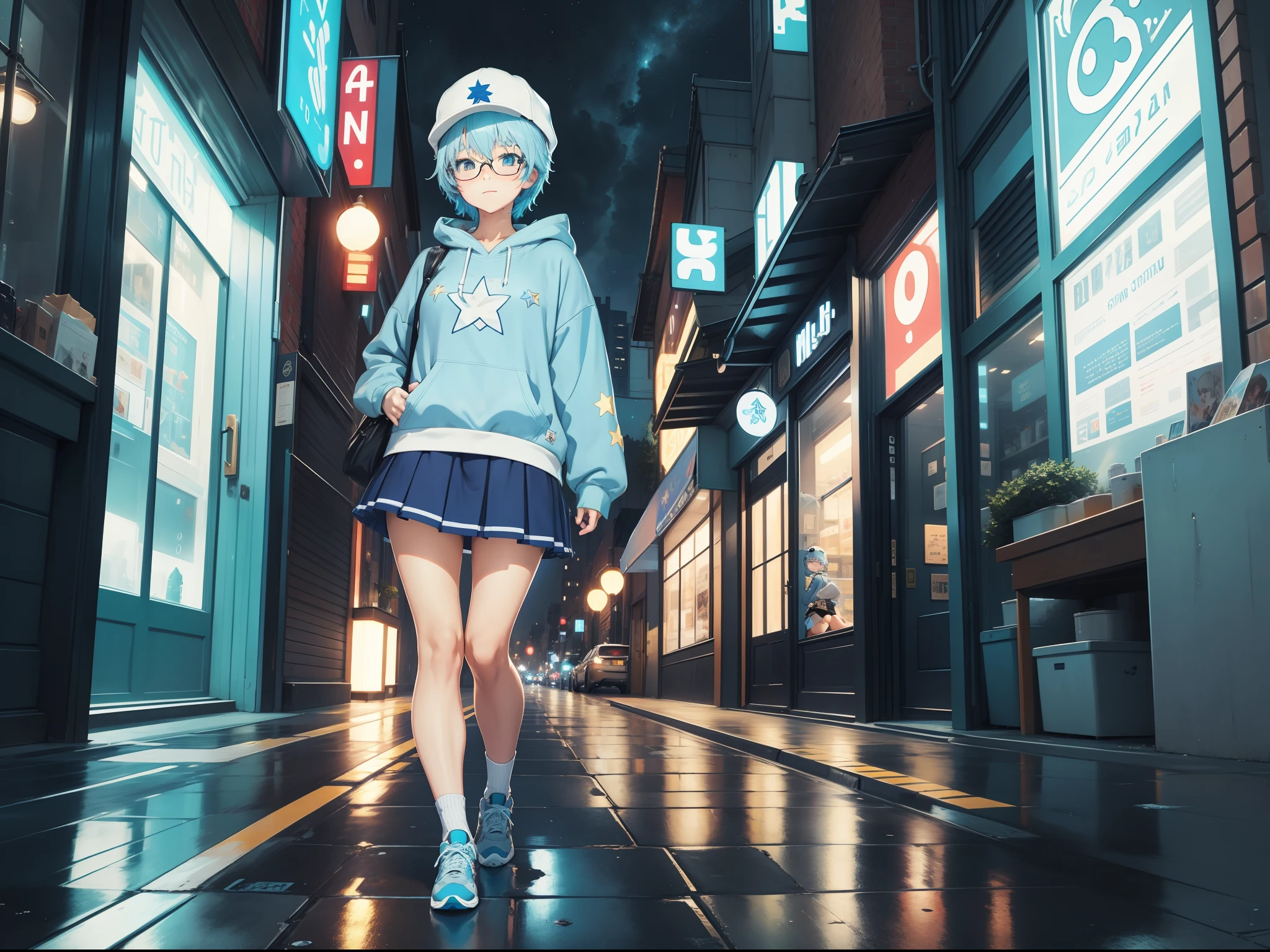 one-girl，anime big breast，wears glasses，wearing hat，Dynamic angle forward，Short light blue hair，Wearing a blue sweatshirt，All-star sneakers，Wear a pleated skirt，White knee-length socks，Hold your cheek with one hand，Poor milk，tiny stars，Stand naturally，Natural smile，City background on rainy day at night，intense contrast，Looks very beautiful city at night