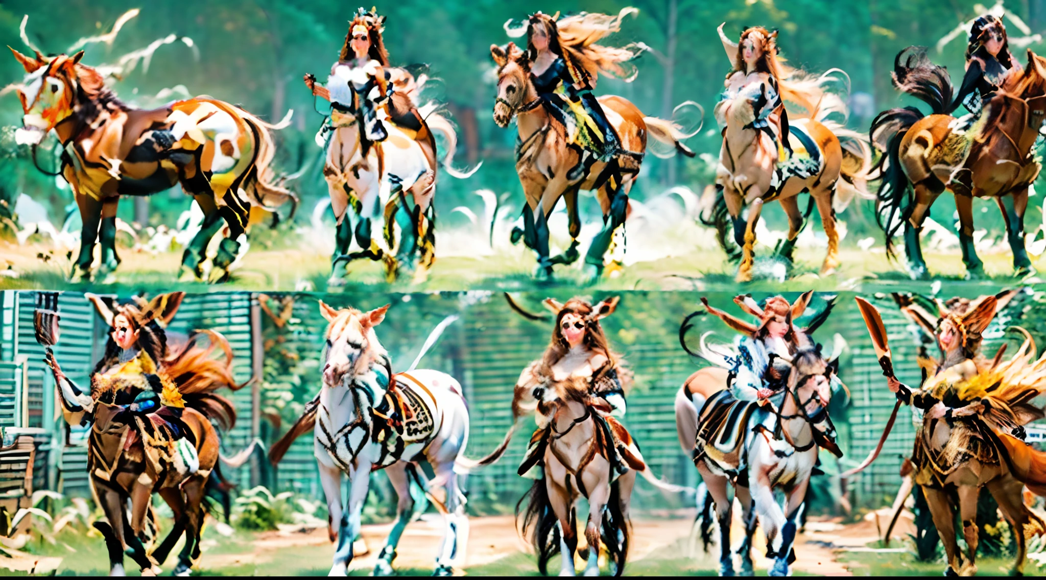 In this beautiful illustration，Eight unique female centaur characters are shown，They all have their own characteristics，Vivid and interesting。Radiant angelic centaurs from the heavenly realm，To the hellish centaurs surrounded by nightmarish flames，And then to the Wind Immortal Centaur dancing in the air，Unicorn centaur surrounded by lightning，Mechanical centaur in mechanical style，Dragon centaurs，Elf centaurs，Tiflin centaurs，Each character has their own unique charms and abilities。The illustration uses advanced artistic techniques and tools，Divide the scene into sections by geometric arrangement，Each section corresponds to a centaur character，This makes more efficient use of space。Through Midjourney's advanced brush tools、Color palette、Material packs and model packs，Exquisite costumes and equipment are designed for each centaur，Enhances the character's personality and visual appeal。The scenery in the illustrations is stunning，There are changing skies、rainbowing、extreme light、Stars and Moon。Incorporating iconic landmarks such as Mount Everest，and fireworks、tranquil lake、Natural and urban elements of waves and neon lights，Creates a magical atmosphere。The centaurs showed off their skills and equipment in a variety of environments，This is true even in extreme alien landscapes。Midjourney's tools make depicting details vivid and realistic，From intricate hairstyles and clothing to authentic textures，Enhances the realism of the characters and surroundings。The fusion of multiple art styles adds movement to the centaur's movement at all angles，The overall visual experience is further enriched。The final illustration was described as a "masterpiece"，It has the characteristics of "best quality" and "realistic"，The details put into the creative process are shown、Level of creativity and craftsmanship。Ultra-grand scenes，super wide shot， hdr，（真实感，Masterpiece quality，best qualtiy），