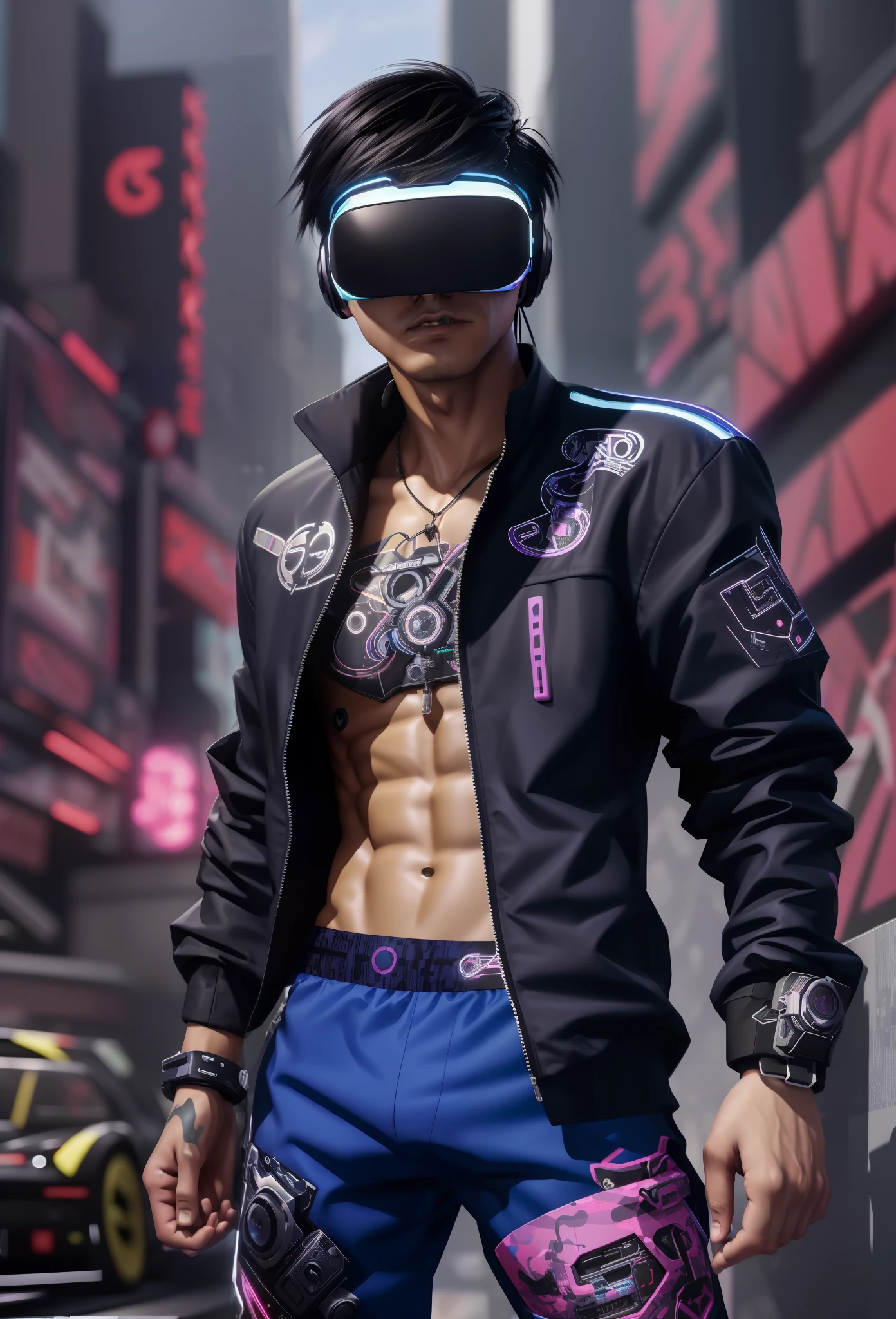 ((cyber punk perssonage)),Asian boys,Optical camouflage、virtual reality、Neon light、The future city, (Maximalism:1.7), Vivid Contrast, (Bulging crotch), Hyper-realistic illustration, A high resolution, ultra - detailed, absurderes,、Random hairstyle、cinema4d、